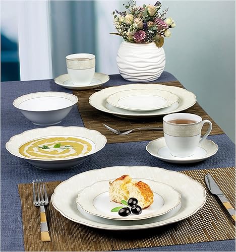 Miniatura 3 de Lorren Home Trends Tova-57 - Juego de vajilla de porcelana ondulada de 57 piezas, colección Tova, color dorado