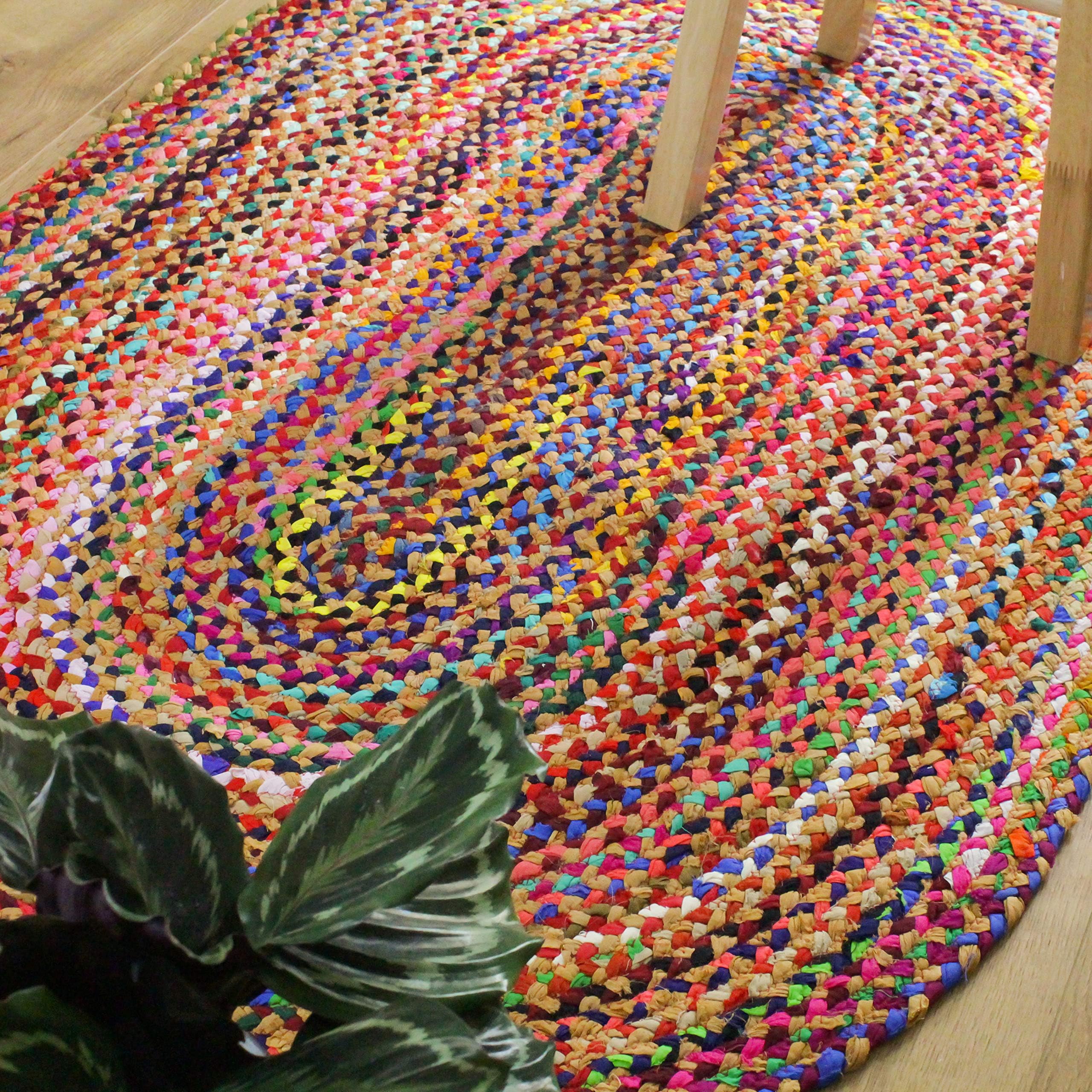Outlavish Braided Area Rug - Set Color Base + Multicolor, Handmade, Recycled Cotton (Oval 3 x 5 ft, Orange)