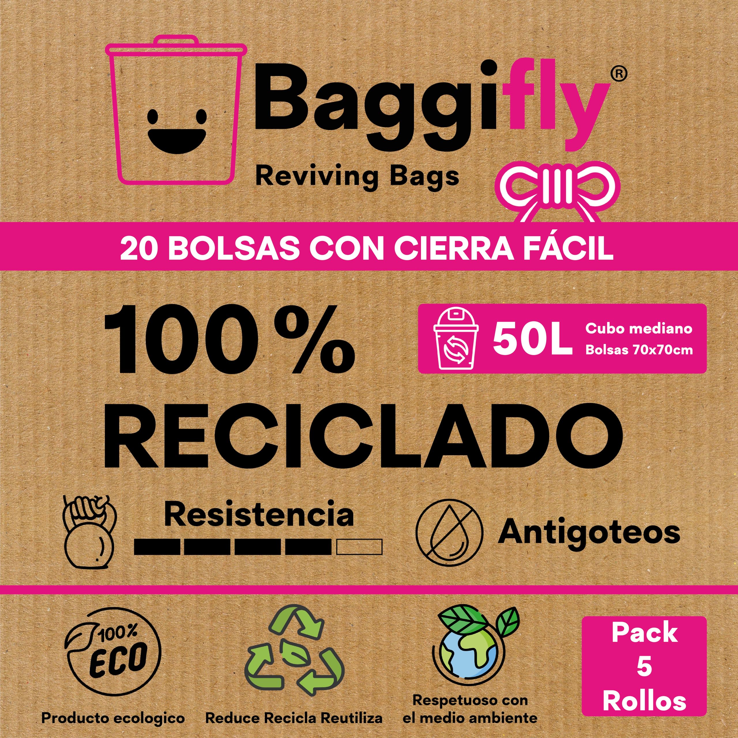 Baggifly, Bolsas de Basura 50L, 100 Bolsas Súper Resistentes, 100% Recicladas, Cierra Fácil, ECO Friendly, Hogar, Oficinas y Hostelería, Pack 5 x 20, Fabricado en España