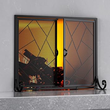 Fire Beauty Fireplace Screen with Hinged Doors Cast Iron Border Sturdy Steel Frame Durable Metal Mesh Decorative Spark Guard Black FinishMiddle
