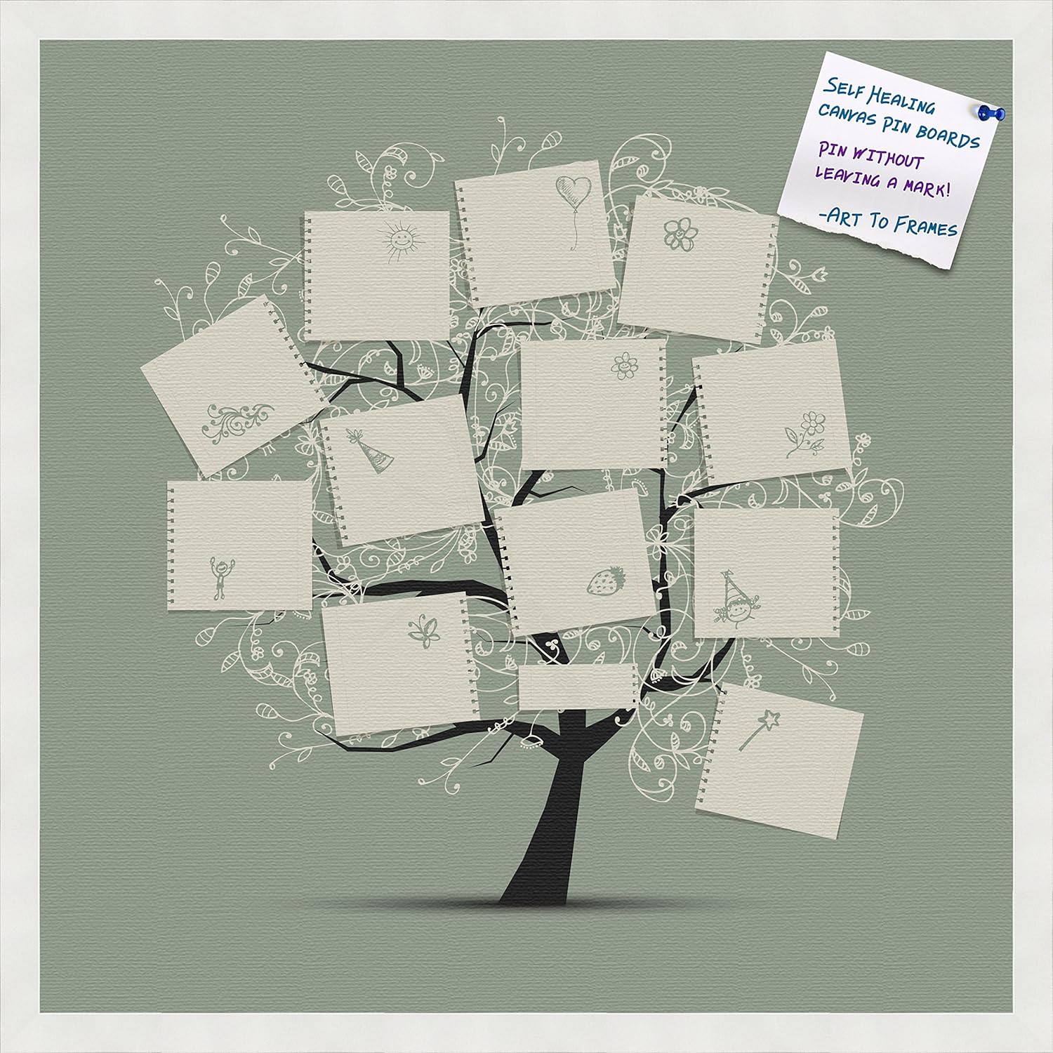 PinPix Decorative pin Cork Bulletin Board Made from self-Healing Canvas, Whimsical Family Tree on Jade Background Printed at 16x16 Inches and Framed in Coffee(WOM1343)