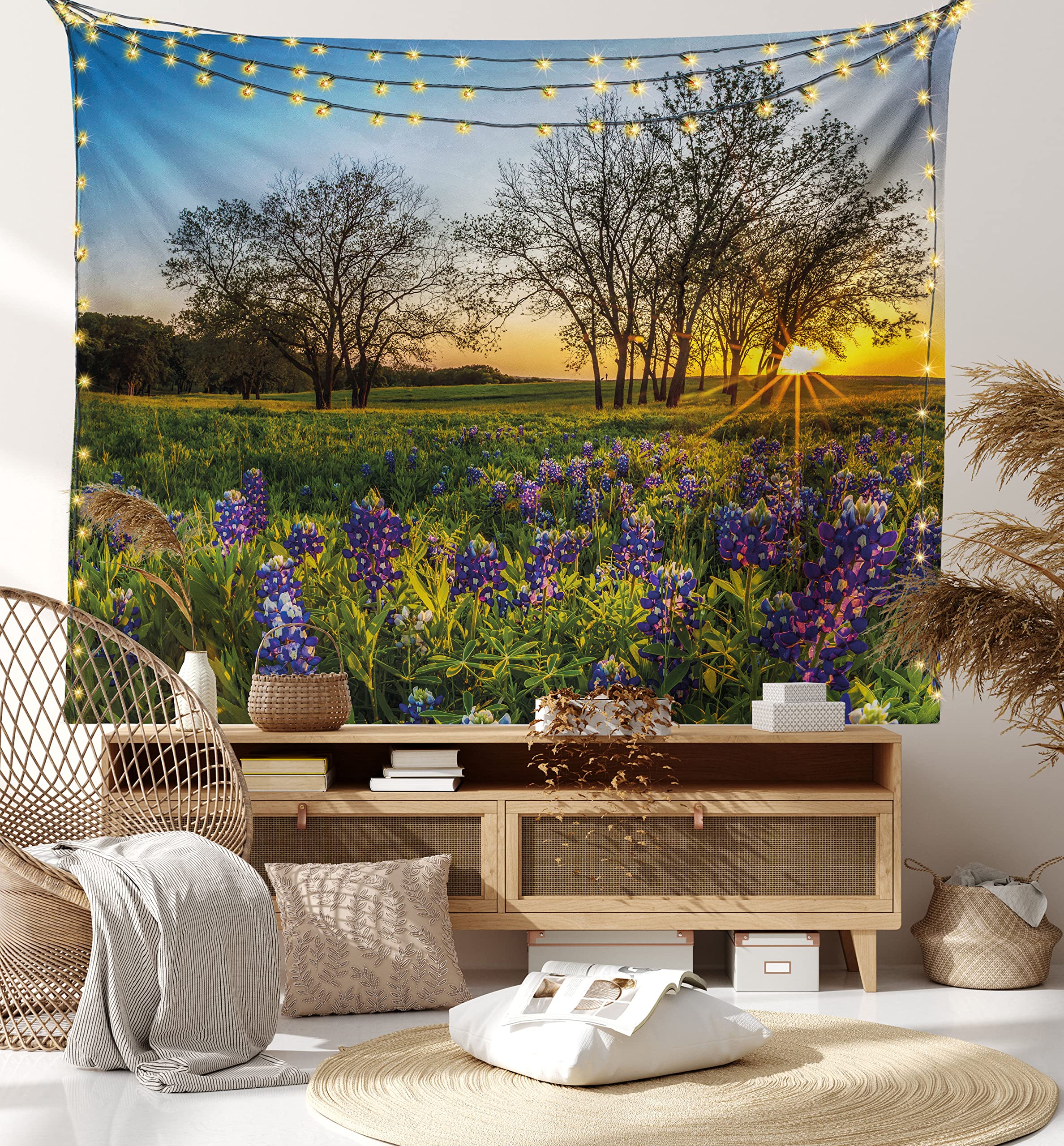 AmbesonneNature Tapestry, Country Scenery Meadow at Sunset Spring Season Beauty Foliage Eco Picture, Wall Hanging for Bedroom Living Room Dorm Decor, 40" X 60", Lavender Green