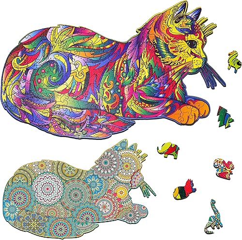 WIICOLORIIK Rompecabezas de gato de doble cara 2 en 1  Rompecabezas de madera para adultos  Rompecabezas de madera con forma de animal  Piezas