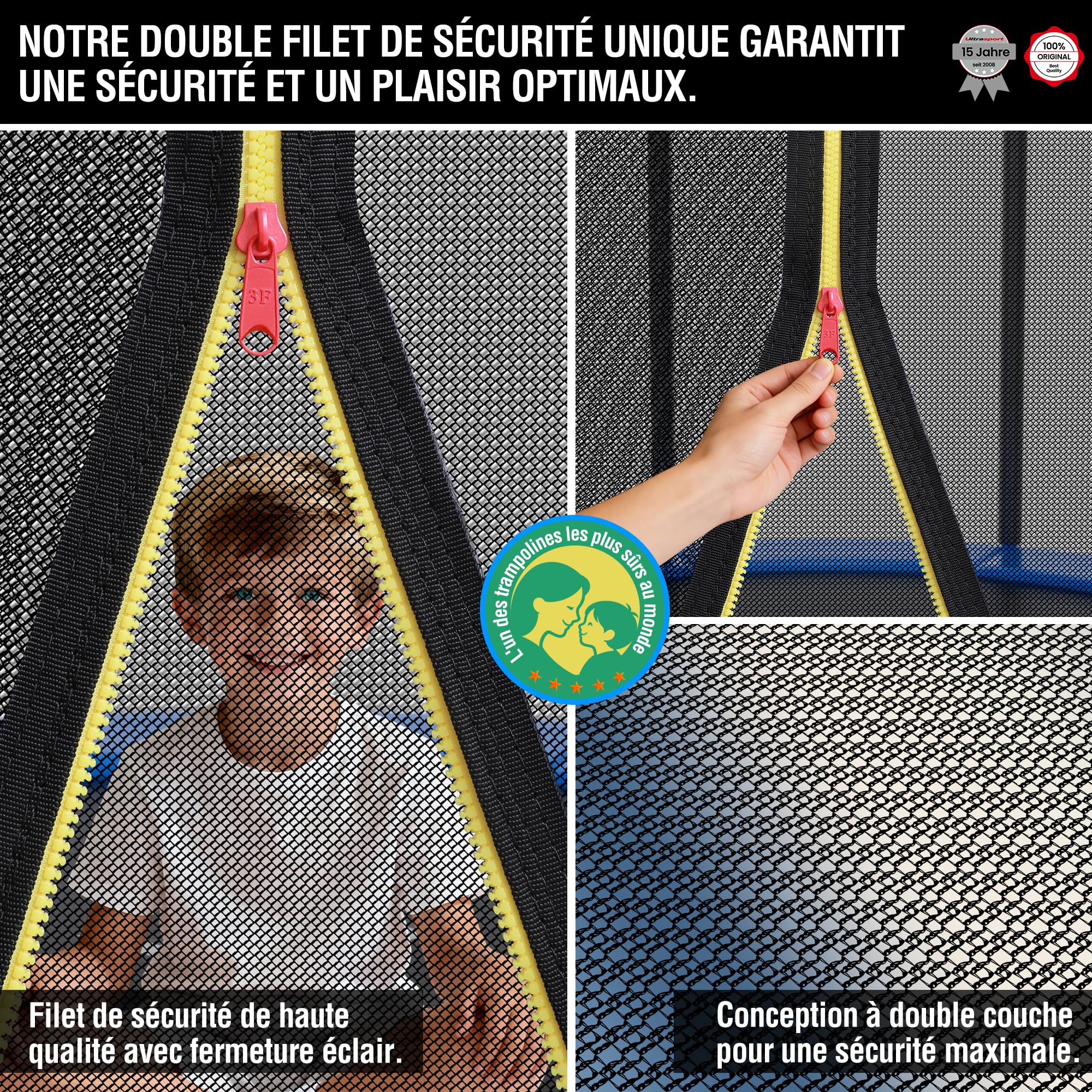 Ultrasport Trampoline de Jardin Jumper, Set Complet pour Trampoline avec Tapis de Saut, Filet de sécurité, Barres du Filet rembourrées et revêtement pour Les Bords
