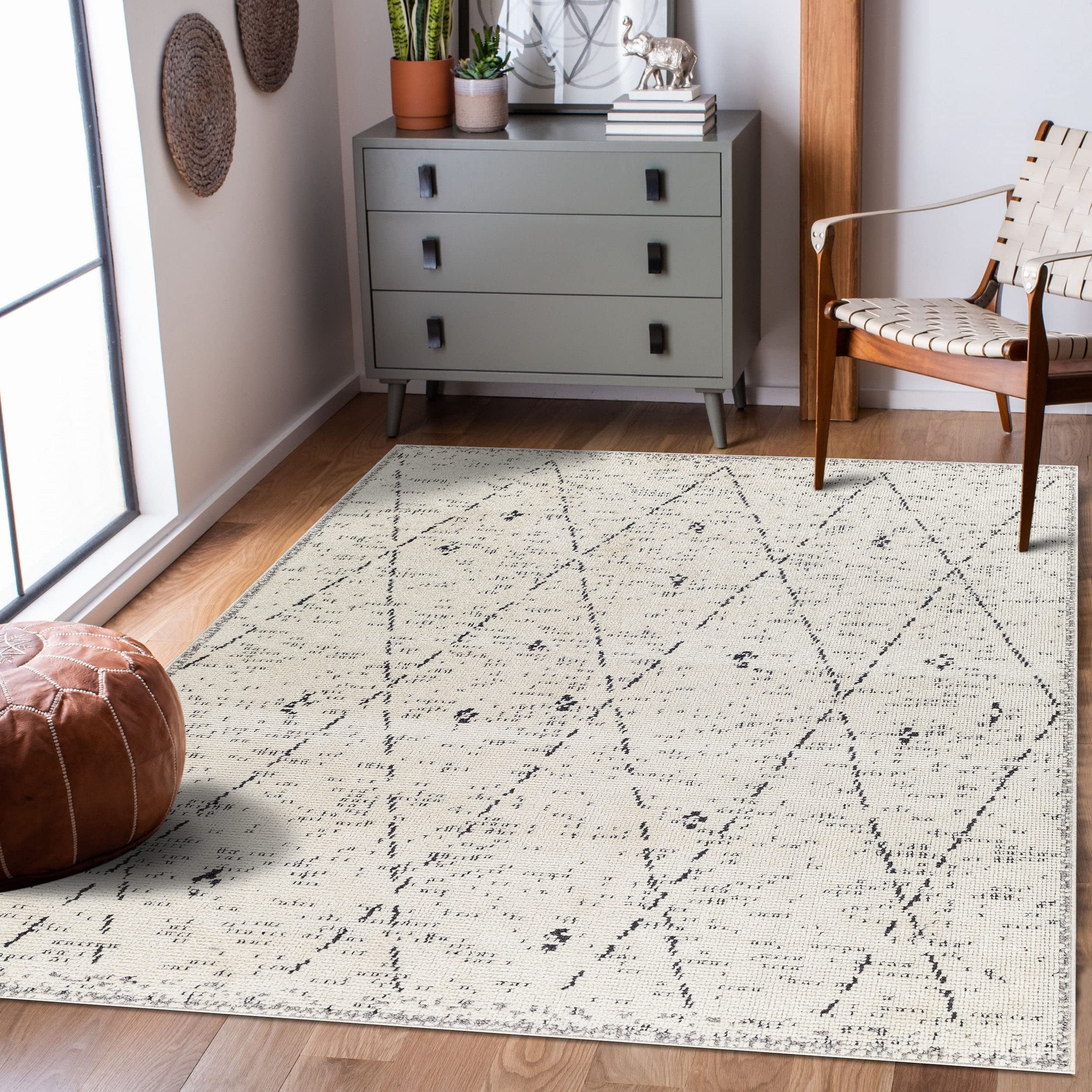 Surya Plano Tapis de Salon, bohème, Grand Tapis pour Chambre à Coucher, 160 x 213 cm, Tapis pour Salle à Manger avec Motif géométrique, Tapis de Salon scandinave Moderne crème et Noir