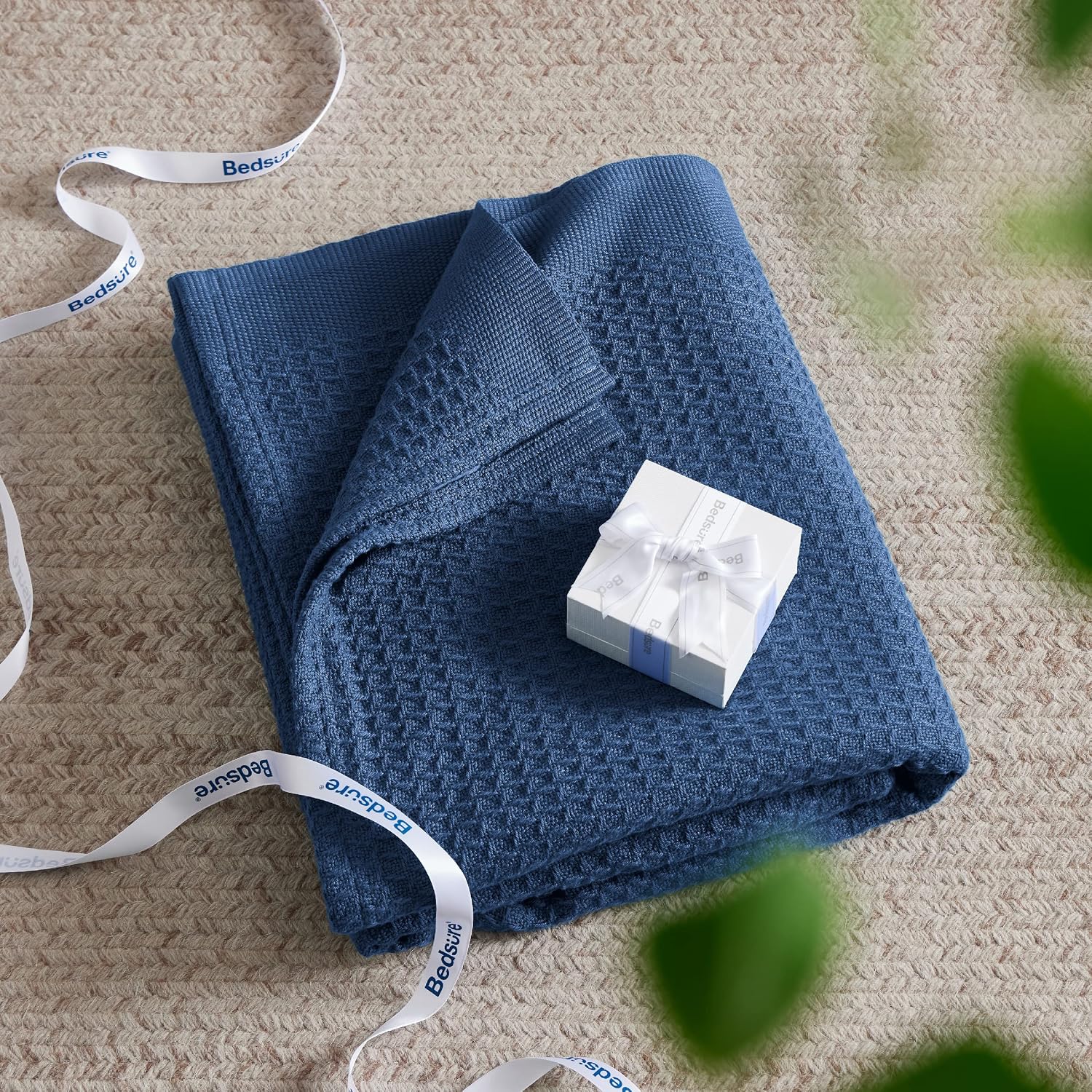 Bedsure 100% Cotton Blankets Queen Size for Bed - 405GSM Waffle Weave Blankets for Summer, Cozy and Warm, Navy Soft Lightweight Woven Blankets for All Seasons, 90x90 inches