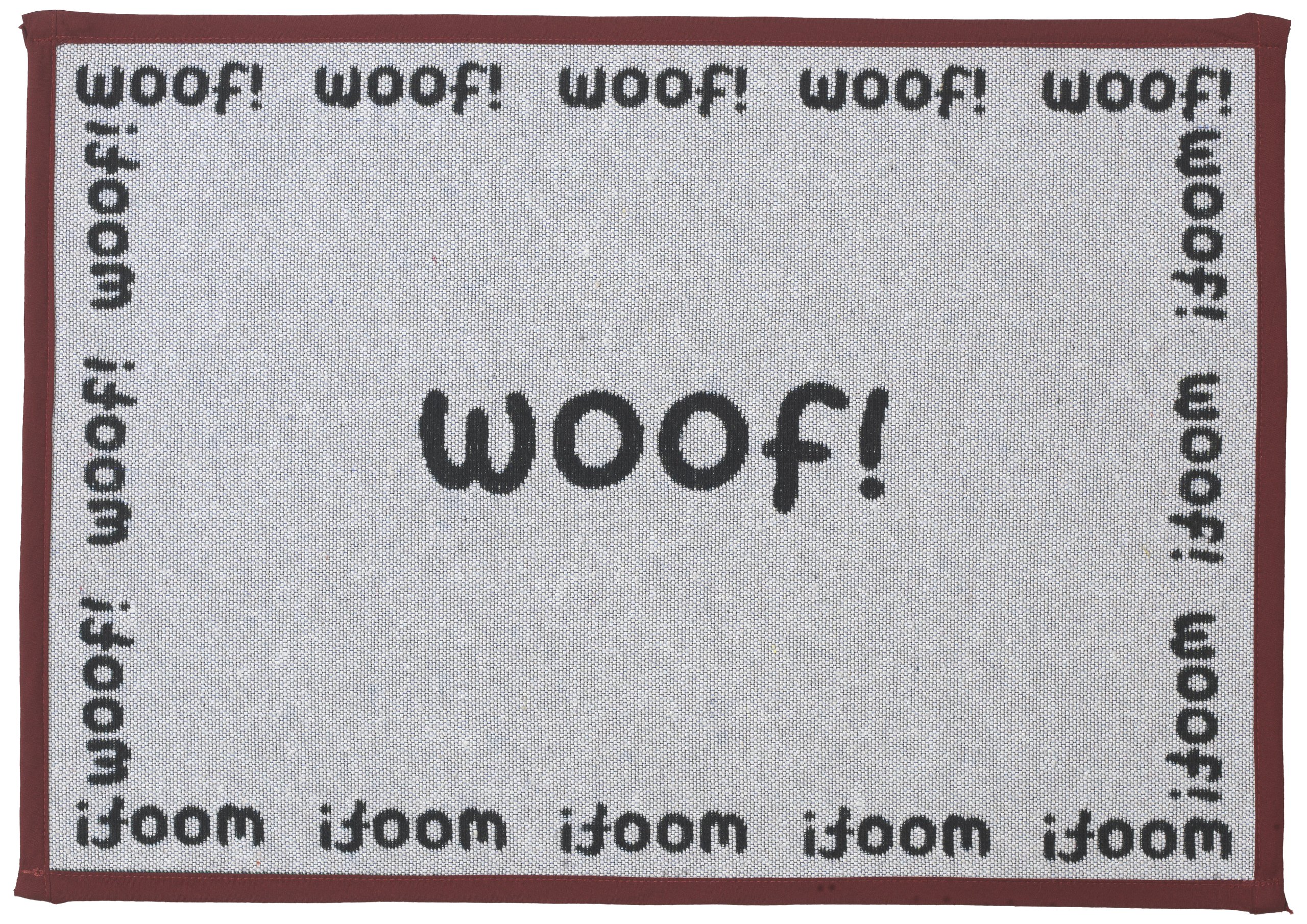 PetRageous 10217 Woof Tapestry Dog Non-Skid Machine Washable Mat for Pet Feeding Areas with Rubber Backing 13-Inch by 19-Inch for Dogs and Cats, Grey