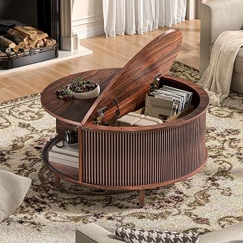 Round Coffee Table, 31.5 Fluted Center Table with Storage, Lift-Top Coffee Table with Adjustable Footpads, Sliding Door, Mid-Century Modern Center Table for Living Room, Small Space, (Walnut)