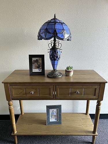 Miniatura 6 de Tiffany - Lámpara de mesa con pantalla de vitrales azules y base, estilo barroco, bombillas LED color lavanda, incluidas para sala de estar,