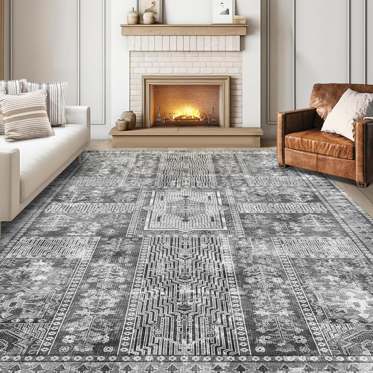Vintage 5 x 7 Washable Area Rug - Stylish Indoor Rug for Living Dining or Bedroom - Lightweight