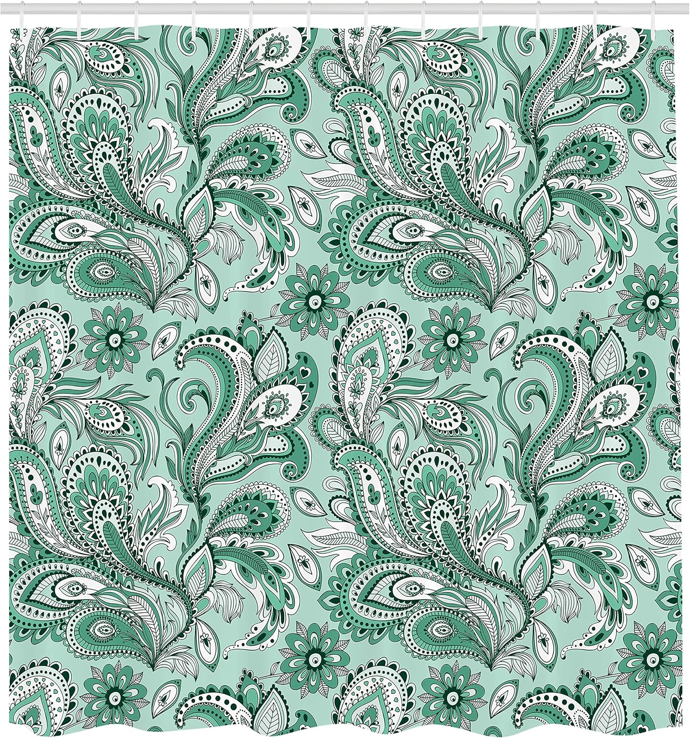 Ambesonne Paisley Shower Curtain, Ethnic Art Swirly Flowers Leaves Floral Pattern Bohemian Style Country Print, Cloth Fabric Bathroom Decor Set with Hooks, 69" W x 70" L, Teal Sea Green