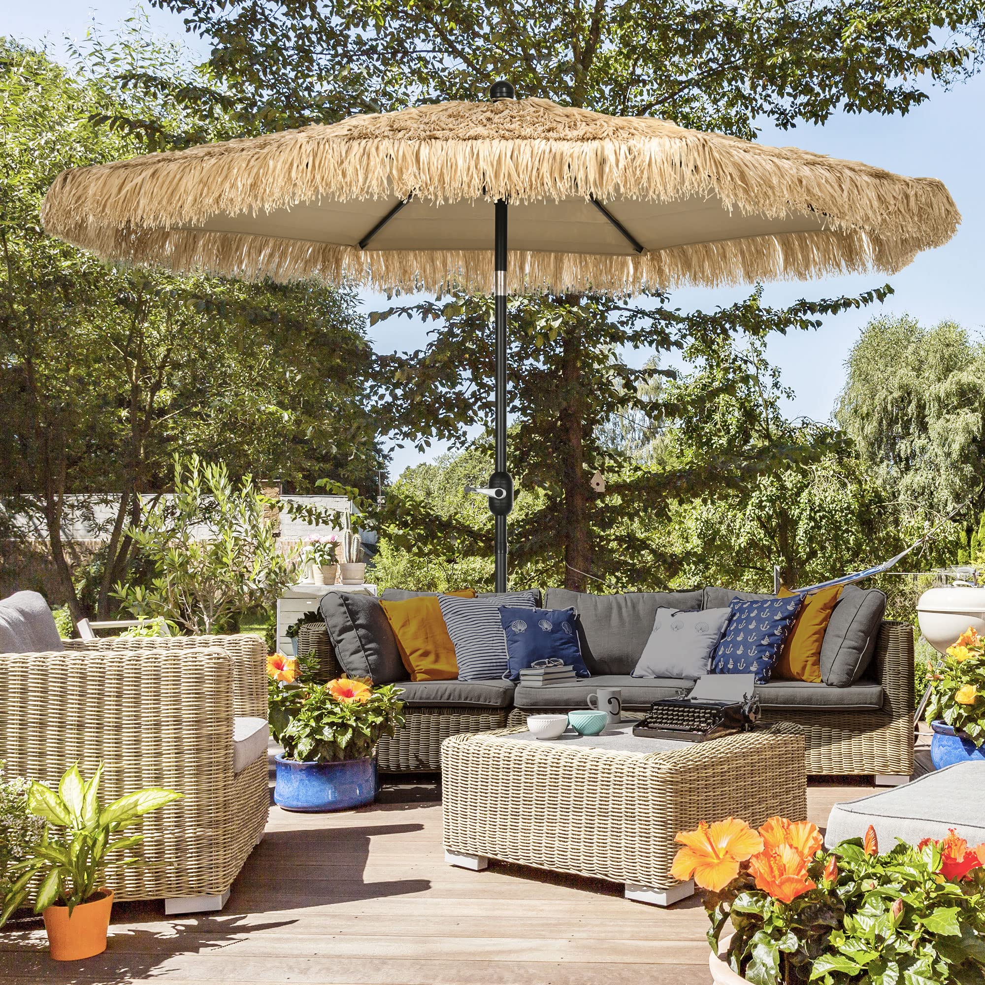 Outsunny Ombrellone da Giardino 2.6x2.6m Inclinabile con Manovella Cachi | Reclinabile, Ombrellone da Esterno Rotondo Hawaiano, 8 Stecche, Alluminio e Poliestere, per Cortile Balcone Terrazzo