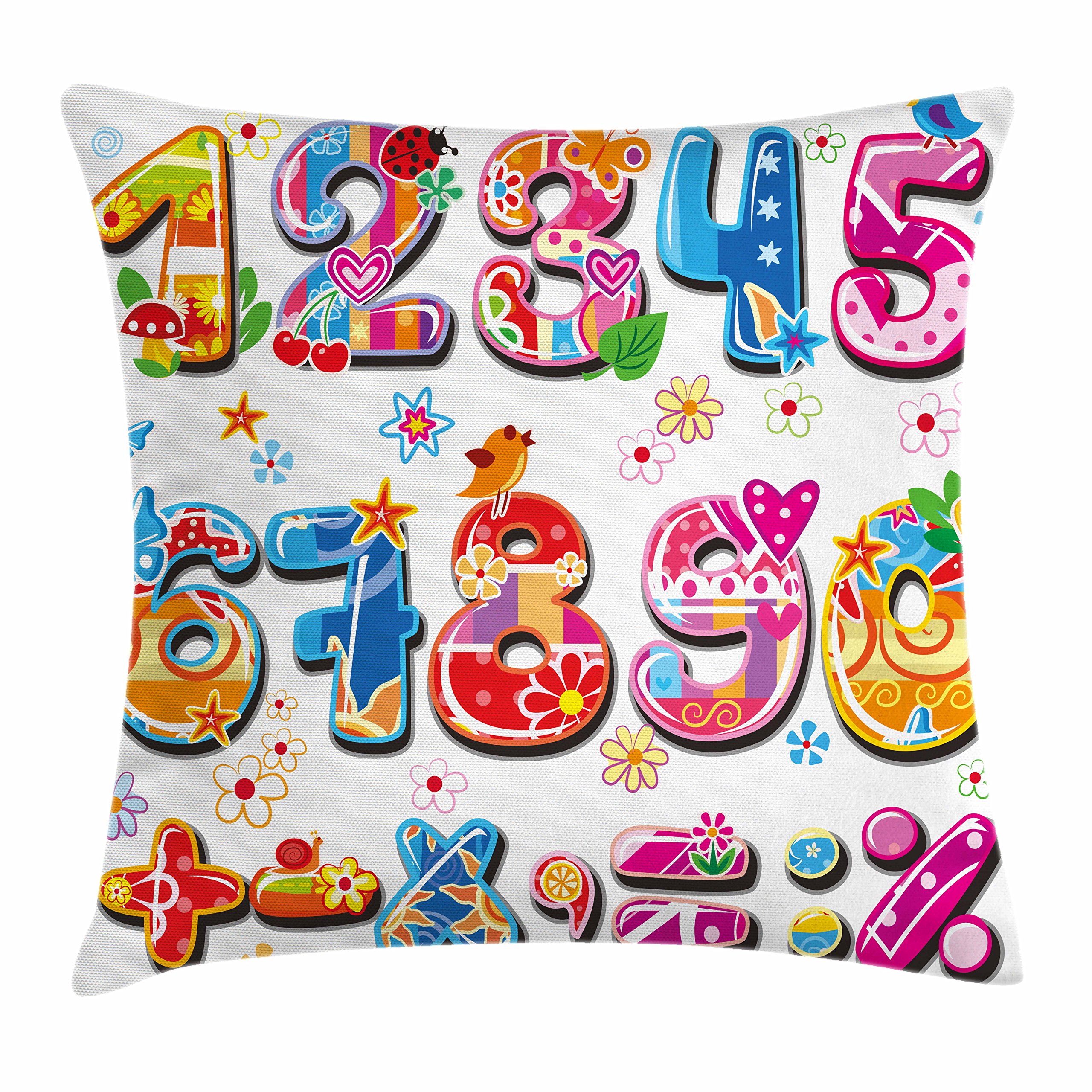 Lunarable Mathematics Room Throw Pillow Cushion Cover, Joyous Colorful Group of Cartoon Numbers Flowers and Animals, Decorative Square Accent Pillow Case, 40