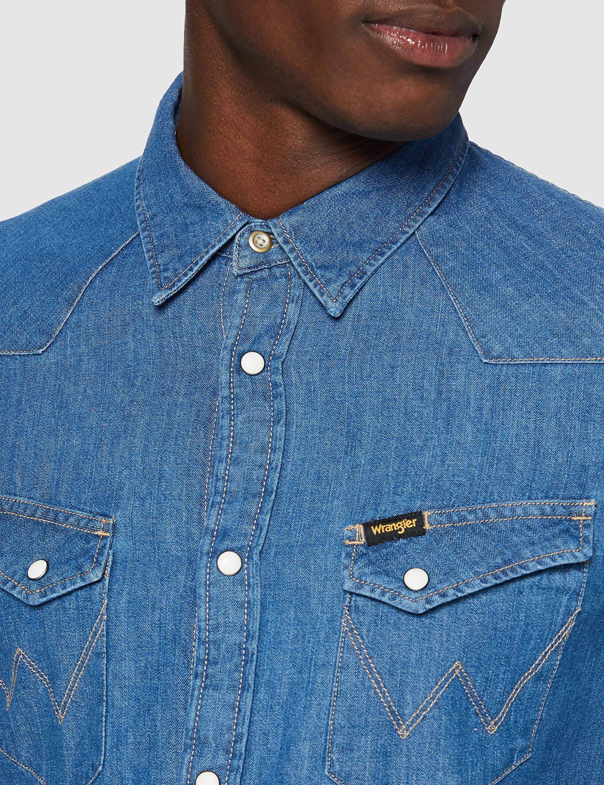 Wrangler Uomo Ls Western Denim Shirt Straight, Blu (Mid Stone), S