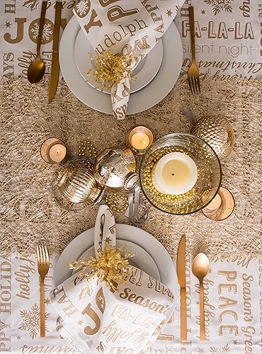 Miniatura 5 de DII Decoración de cocina de tela metálica de lino para mesa de comedor, mantel de Navidad, 60 x 84 pulgadas, collage de vacaciones dorado