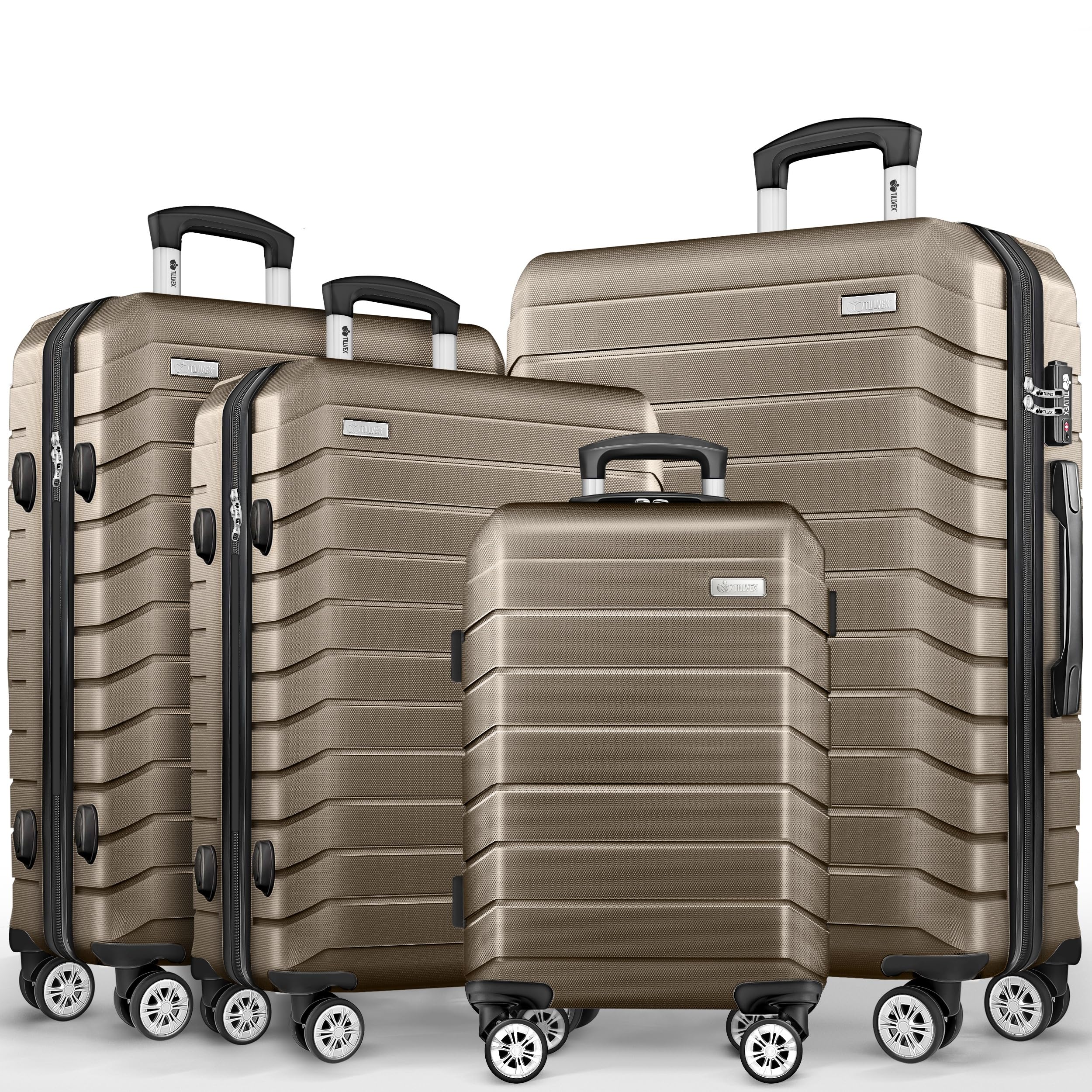 tillvex® Reisekoffer Set 4-teilig + Gepäckwaage, 8X Koffergurte & 4X Kofferanhänger | Kofferset 4 Rollen | Trolley Gepäck Koffer TSA Schloss | Hartschalenkofferset S-M-L-XL (Roségold, Kofferset 4tlg)