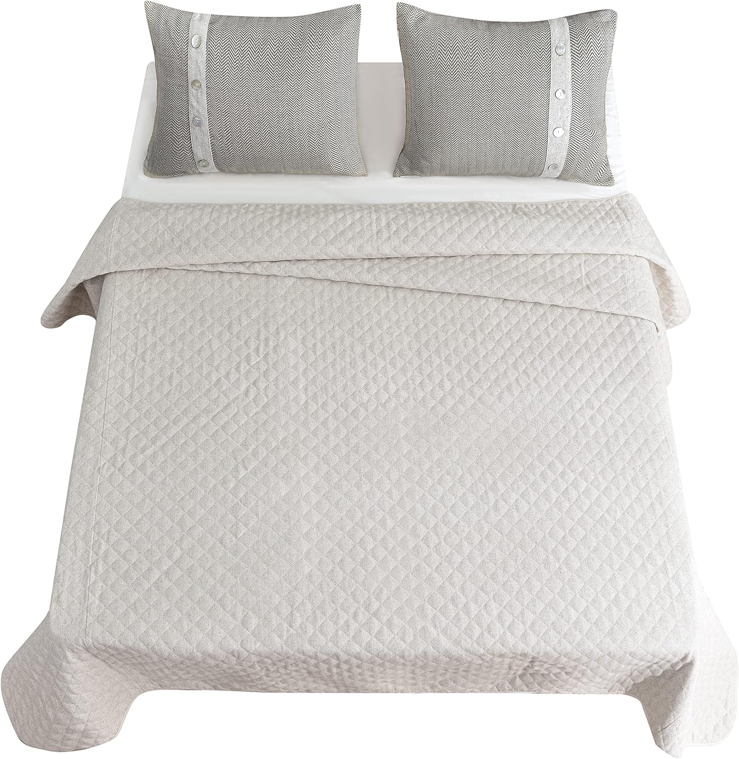 HiEnd Accents Fairfield Linen 4 Piece Coverlet Set, King Size, Herringbone Diamond Quilted Luxury Bedding Set, Traditional Rustic Style, 1 Coverlet, 1 Bedskirt, 2 Pillowcases