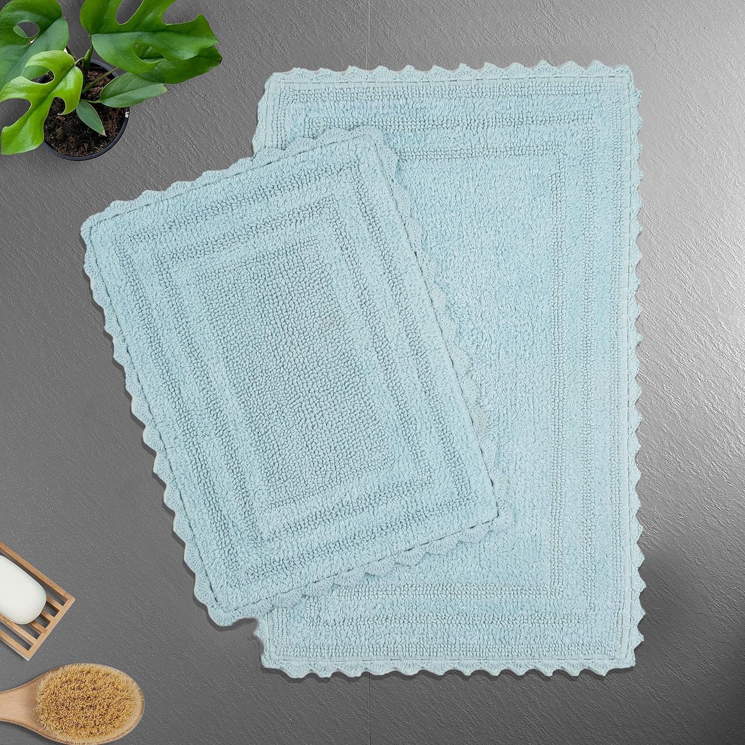 TreeWool 2Piece Cotton Bath Mat Set with Crochet Border