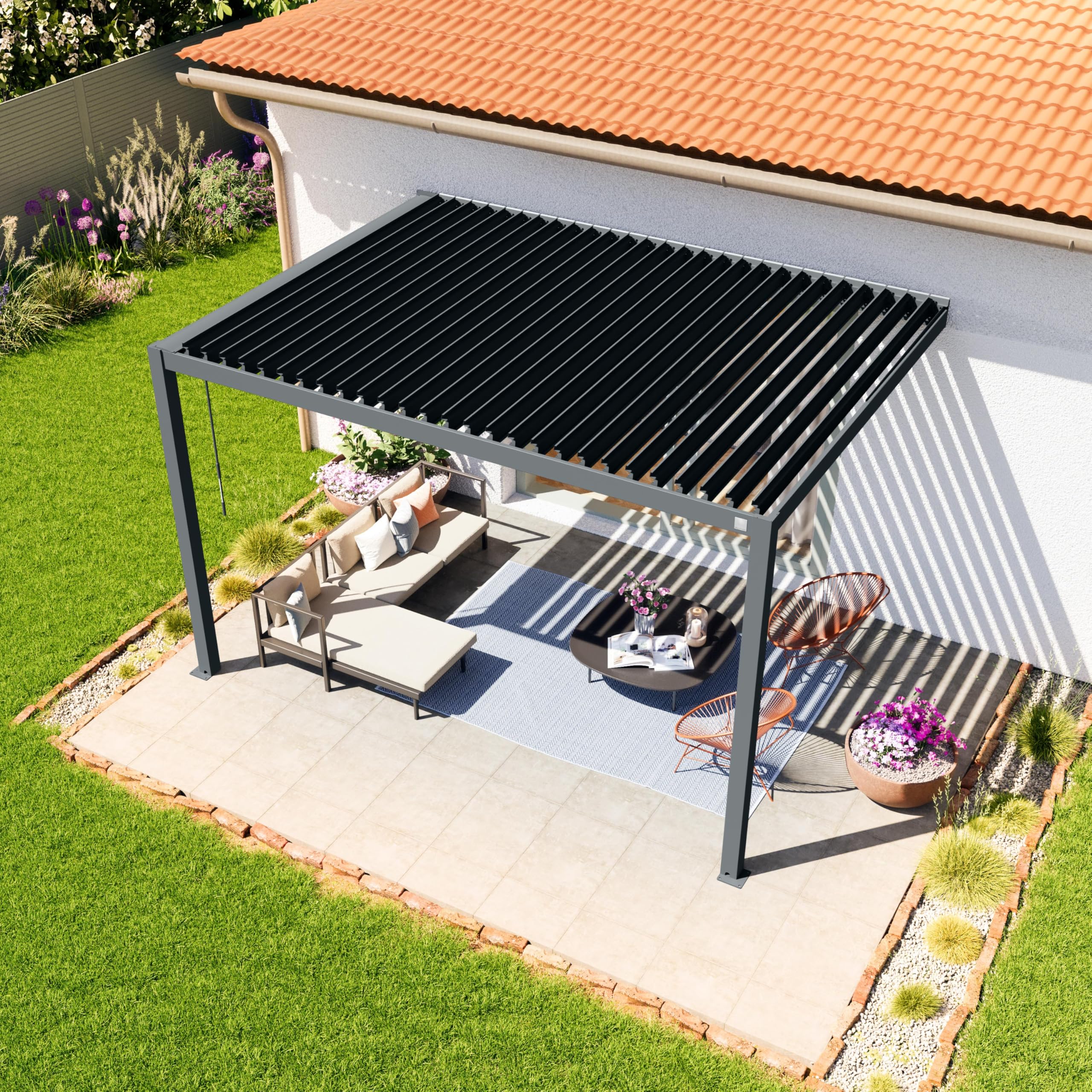PRIMEYARD Pergola adossée 3x4 m poteaux en Aluminium avec Lames orientables en Acier pergola Murale Anthracite