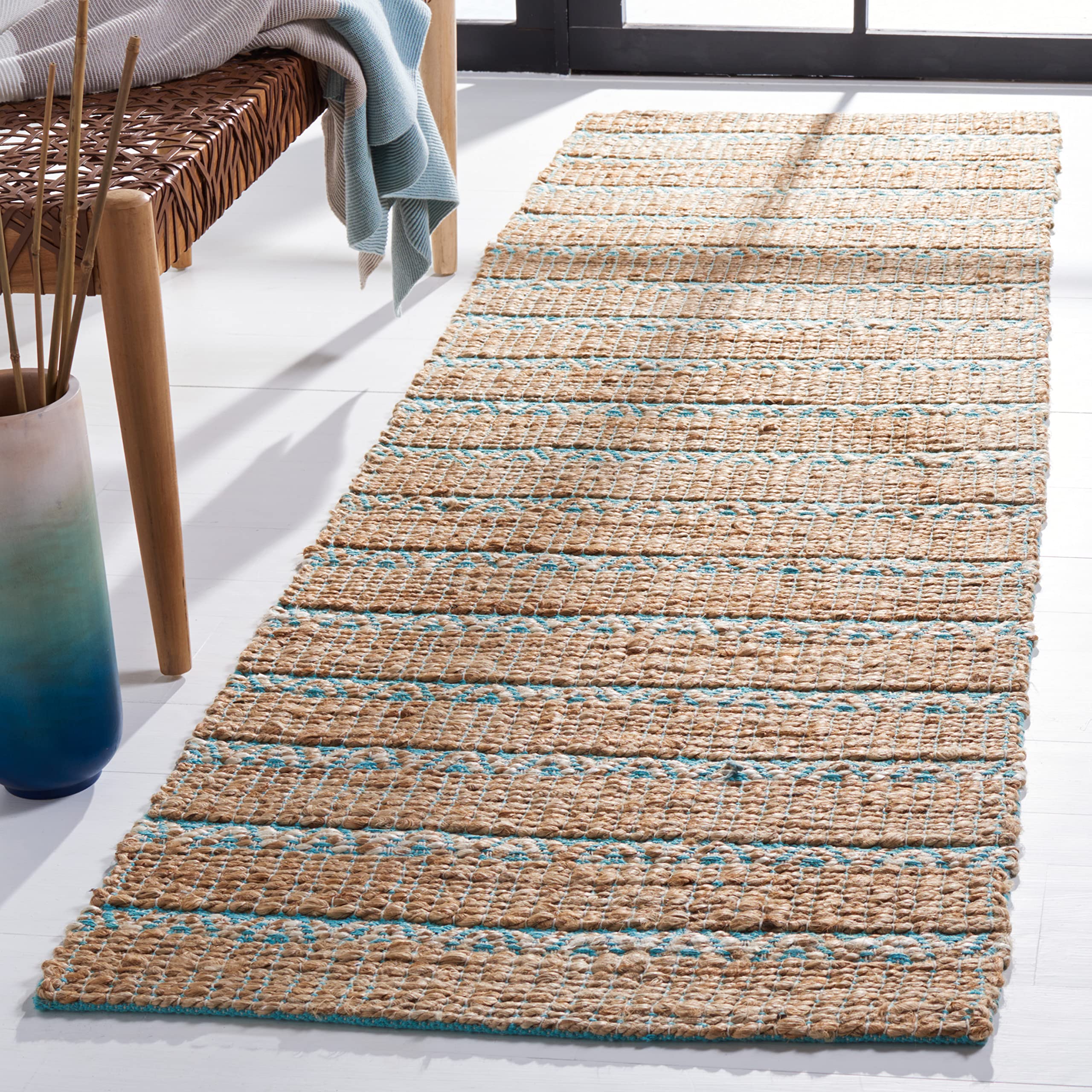 SAFAVIEH Natural Fiber Collection Runner Rug - 2'3" x 8', Teal & Natural, Handmade Flat Weave Stripe Jute & Cotton Jute, Ideal for High Traffic Areas