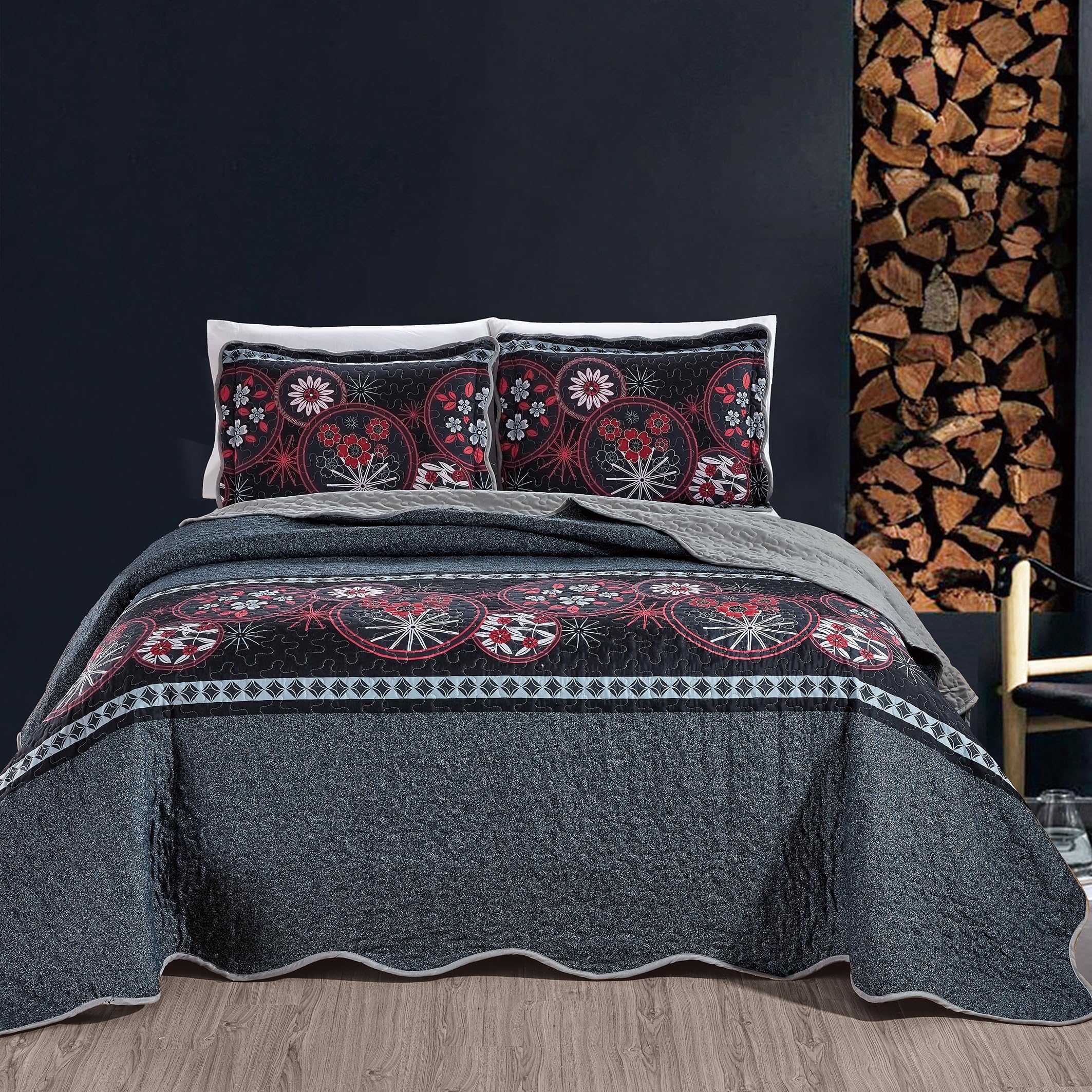 Grand Linen 3-Piece California Cal King Size Wave Edged Oversized Quilt Set 118" X 95" All-Season Large Bedspread Pillow Shams Lightweight Soft