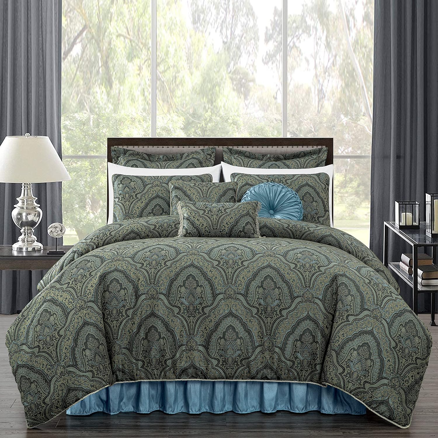 Chezmoi Collection Seville 9-Piece Jacquard Blue Gold Medallion Paisley Comforter Bedding Set Queen Size
