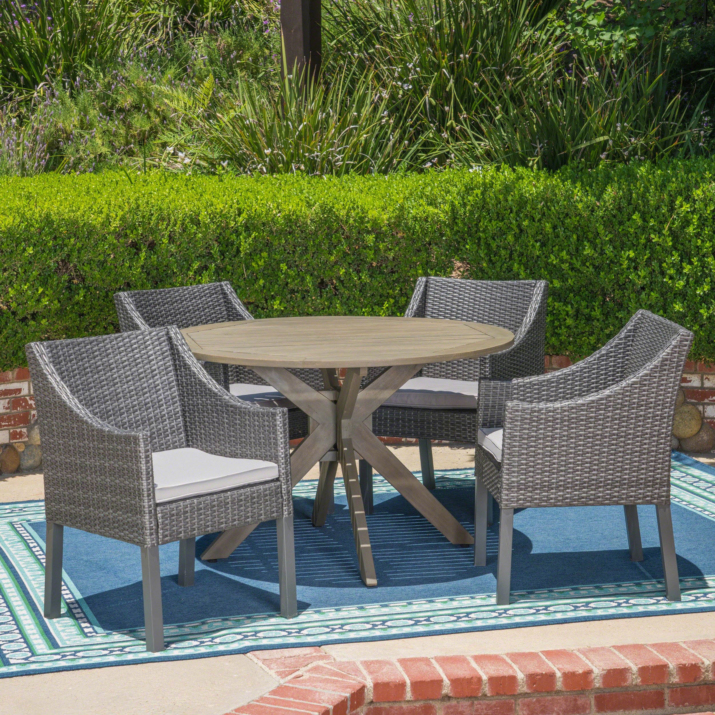 Orwel - Juego de comedor de madera y mimbre para exteriores, 5 piezas, acabado gris/gris 4