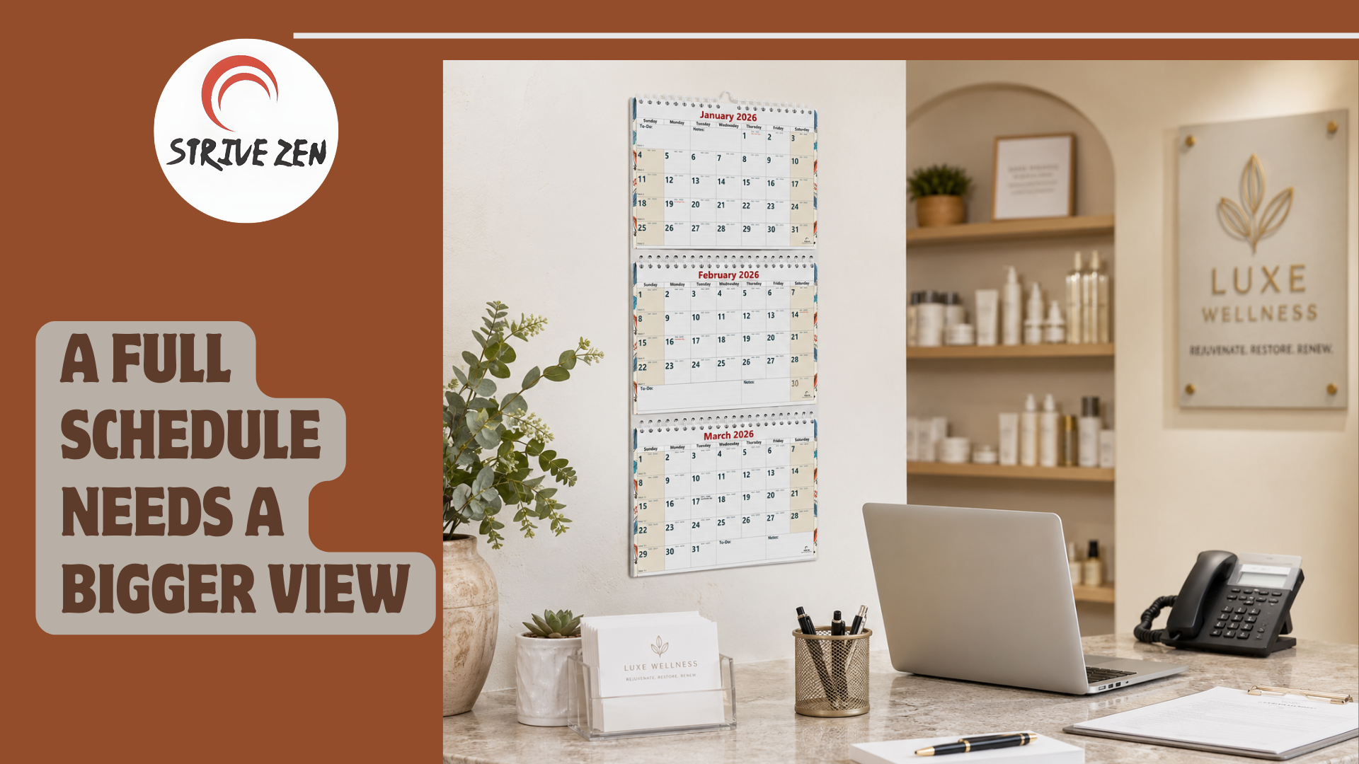 2026 2027 3-Month Wall Calendar by StriveZen, Move-a-Page, 11 x 26