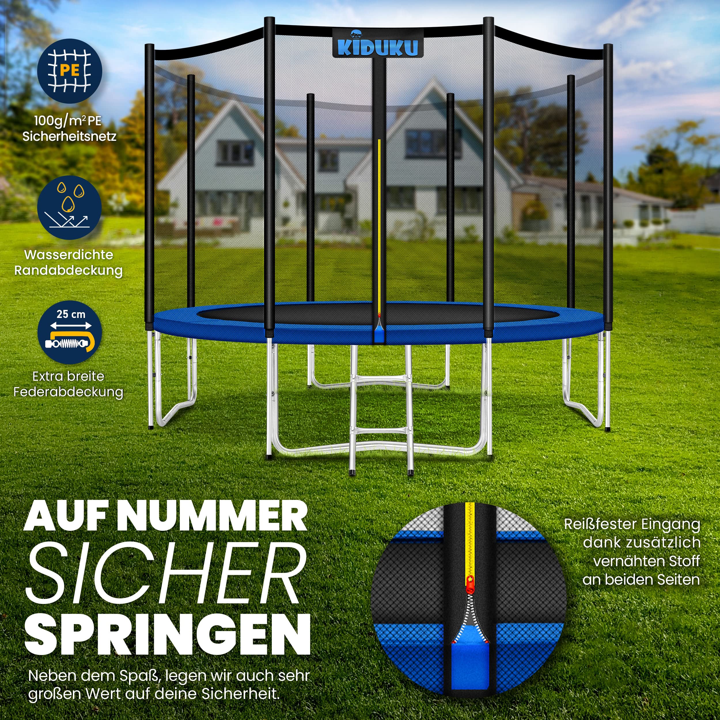 KIDUKU® Trampolin Ø 244/305/366/427 cm | TÜV Rheinland geprüft | Komplettset mit Sicherheitsnetz, Leiter, Randabdeckung & Zubehör | Outdoor Gartentrampolin Kinder-Trampolin Belastbarkeit 150 kg