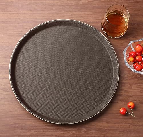 Miniatura 4 de New Star Foodservice Bandeja antideslizante, plástico, forro de goma, redonda (marrón, 14 pulgadas)