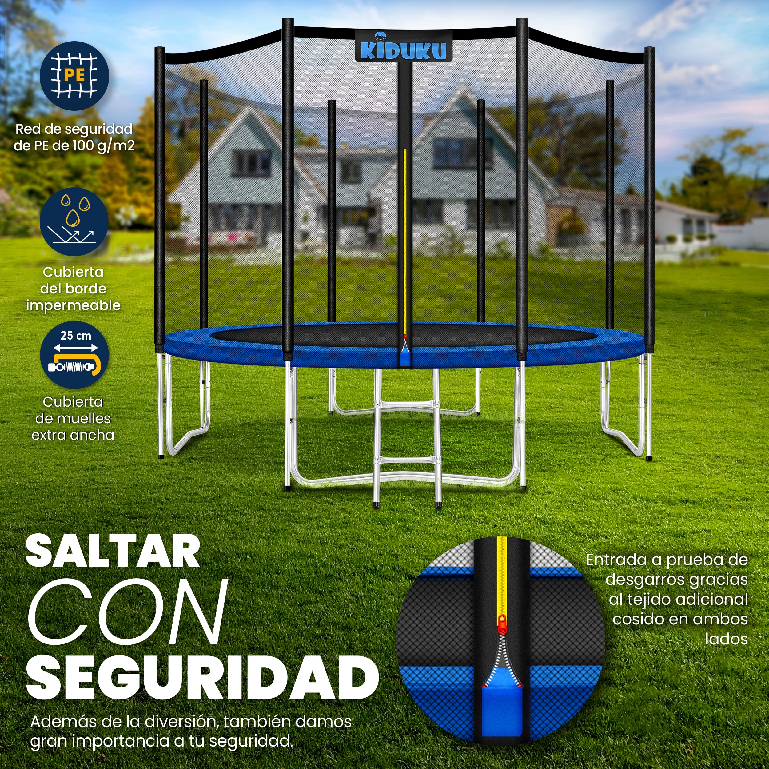 KIDUKU® Trampolín Ø 244/305 cm - Juego Completo con Red de Seguridad, Escalera, Cubierta de Bordes, Anclaje de Suelo y Accesorios para Exterior jardín Cama elástica Infantil Capacidad de Carga 150 kg