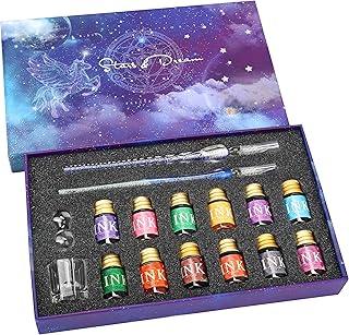 BELLE VOUS 16 Piece Calligraphy Pen Set with Holder, Ink Bottles and Empty Vial - 2 Ink Dip Writing Pens - Ideal for Beginners and Adults - 12 Different Coloured 7ml Inks