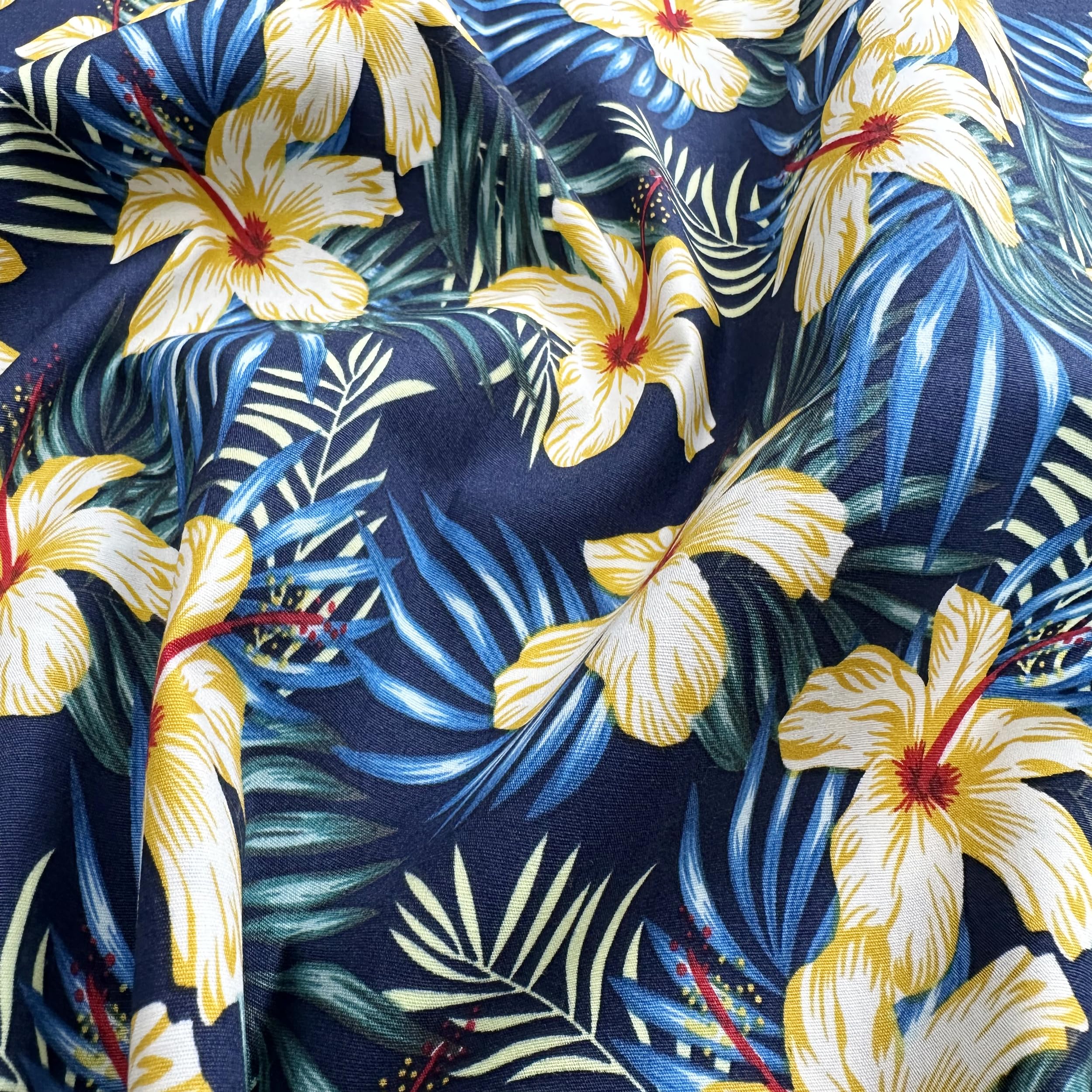 Glamour Secrets Blue Cotton Fabric - Hawaiian Hibiscus Floral On Navy - Craft Dress Fabric Material