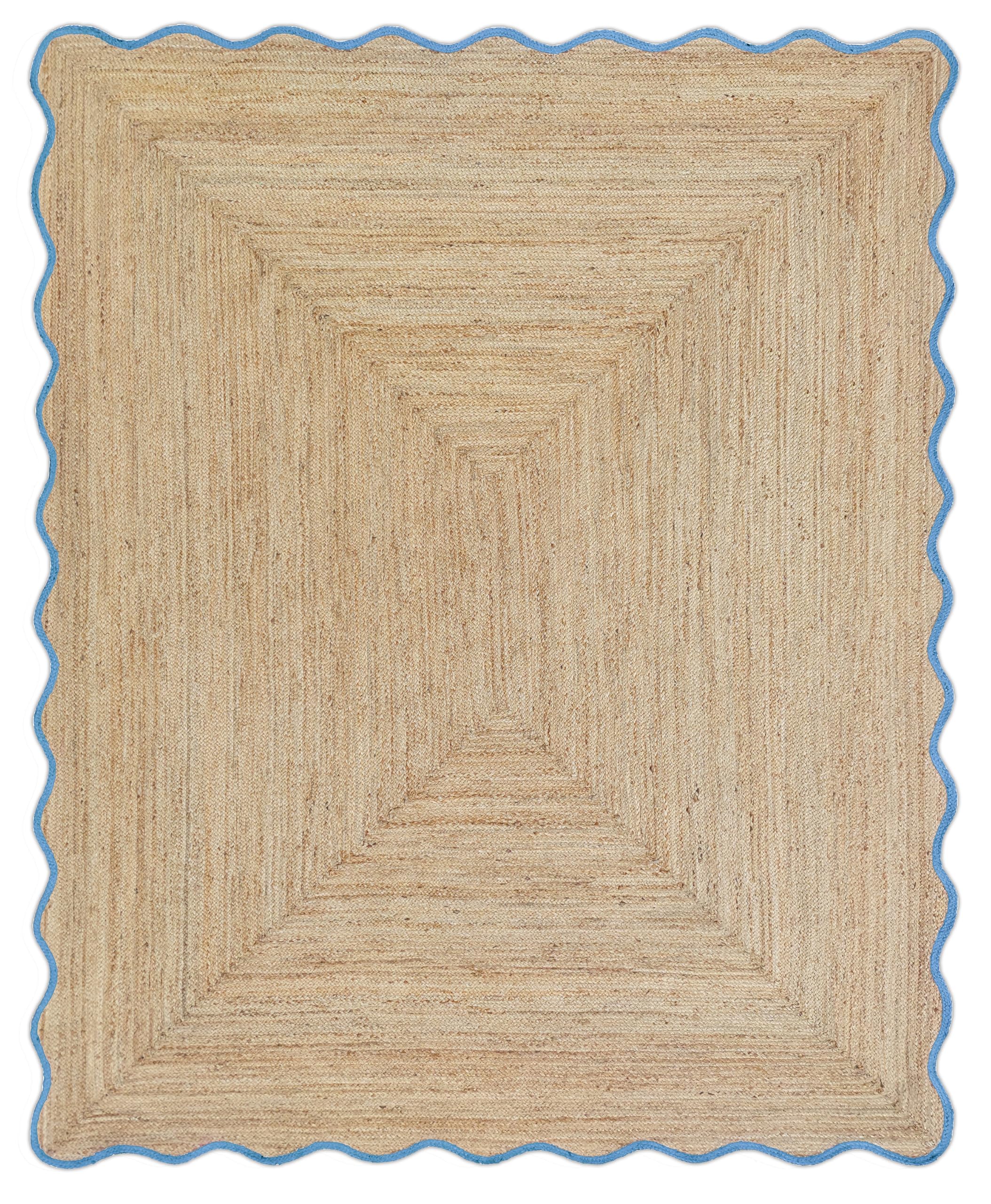 Weaving Village Wave Scalloped Natural Jute Boho Braided Area Rug, Coastal Farmhouse Scallop Rug, Sky Blue (8'x10')