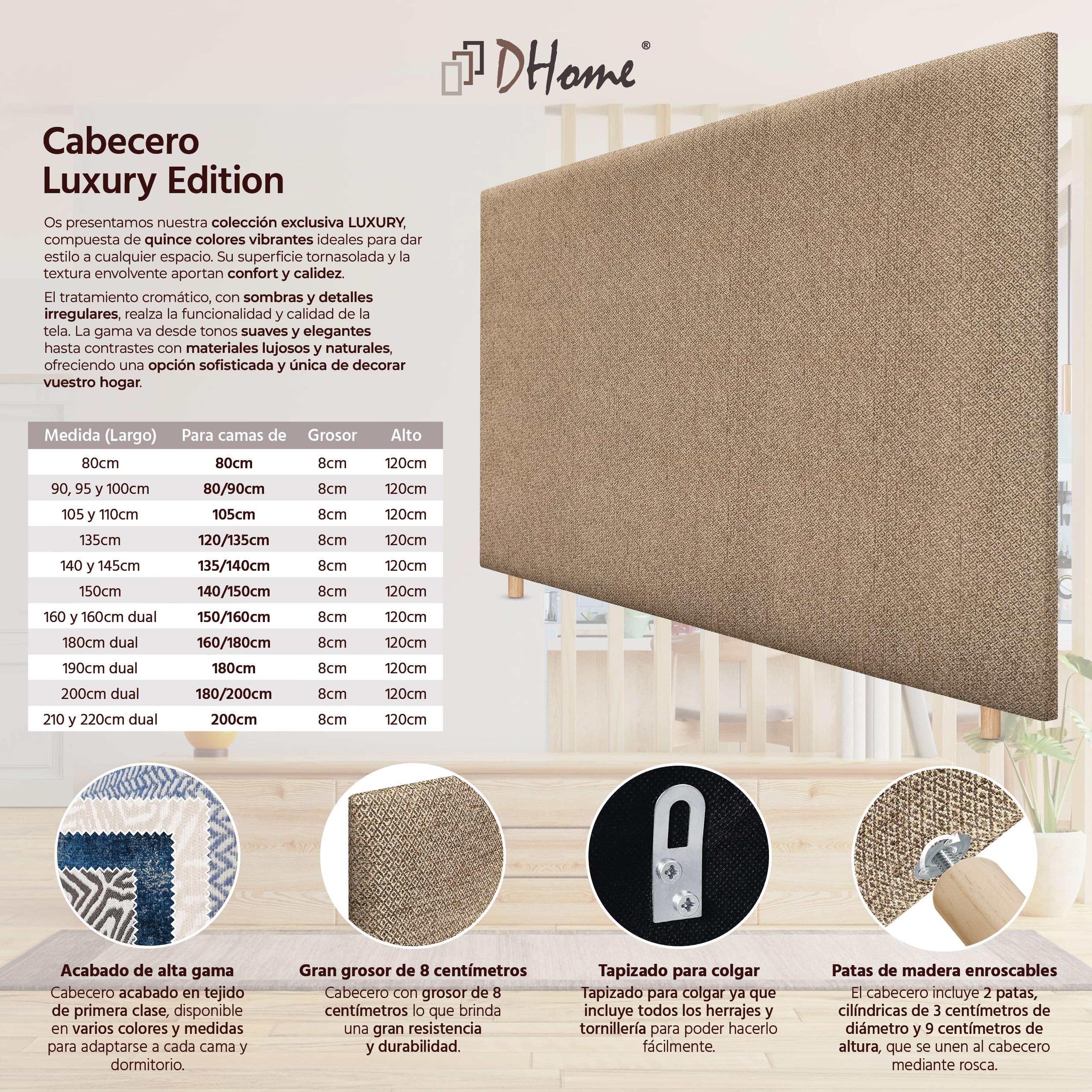 DHOME Cabecero de Tejido Luxury Liso hasta el Suelo con 8cm de Grosor Cabezal Tapizado Cama Dormitorio Moderno Top Trending (Golden Wood, 150cm)