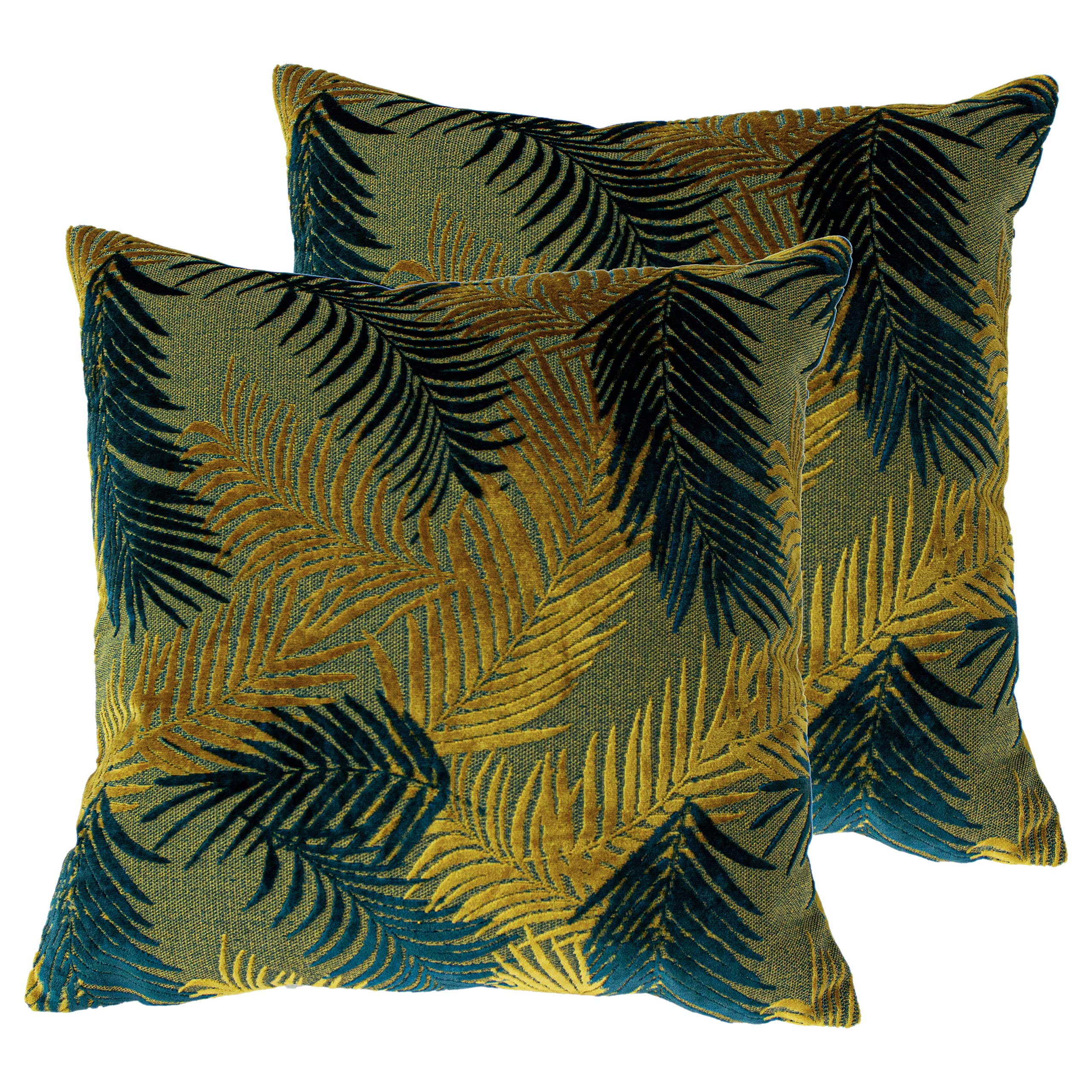 Paoletti Palm Grove Twin Pack Cushions - Gold/Teal - Polyester Filled - 50x50cm
