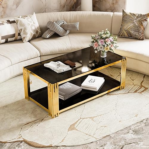 Miniatura 8 de Mesa de café de vidrio dorado Mesa de estar negra moderna con patas de metal de acero inoxidable Mesa central grande rectangular de vidrio templado
