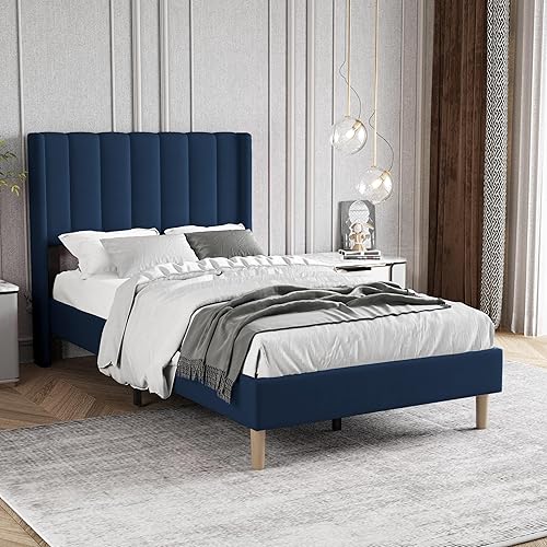 Miniatura 19 de Zoophyter Base de cama tapizada de tamaño matrimonial con cabecero, listones de madera fuertes, no necesita somier, fácil montaje, lino blanco