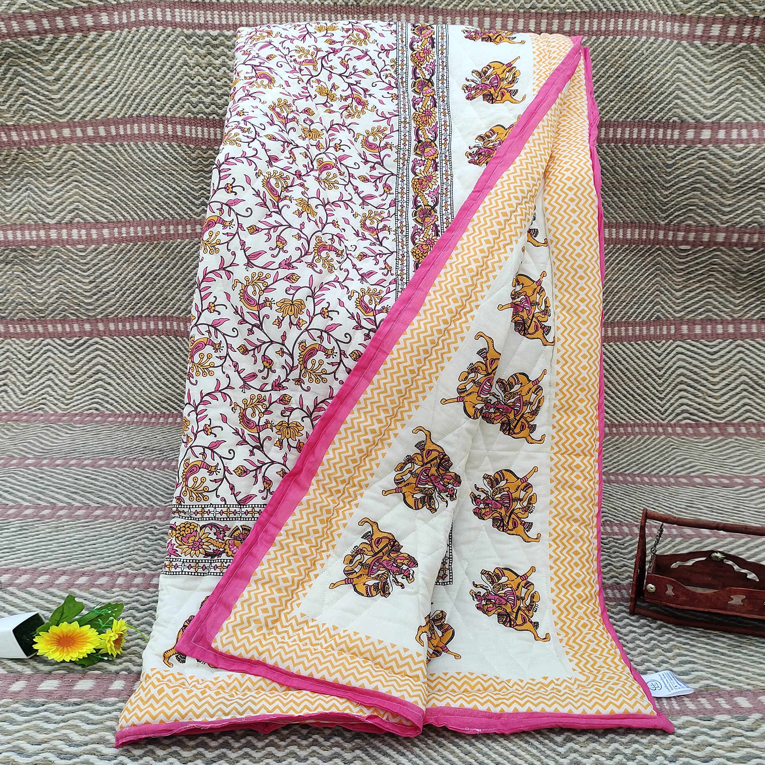 LushHavenDecor 400 TC Single Bed Jaipuri Razai Pure Cotton Jaipuri Rajai Ac Quilt for All Season Soft Breathable Light Weight Cotton Quilt Comforter 55 x 85 inch Pink and Yellow Pack 1| TC - 210