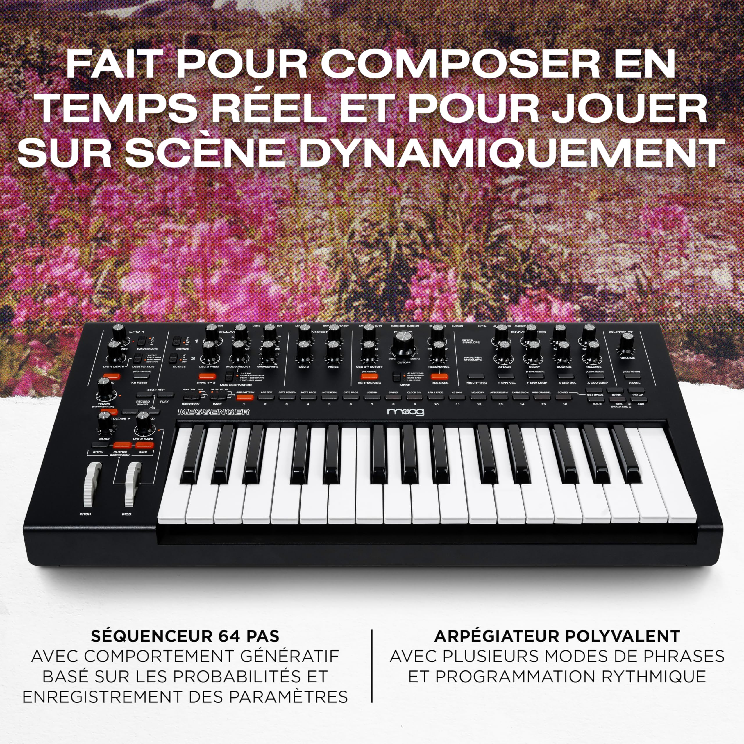 MOOG Messenger - Synthétiseur Monophonique Analogique Nouvelle Génération avec Clavier 32 Touches, Séquenceur 64 Pas, 256 Préréglages et Compensation RES BASS
