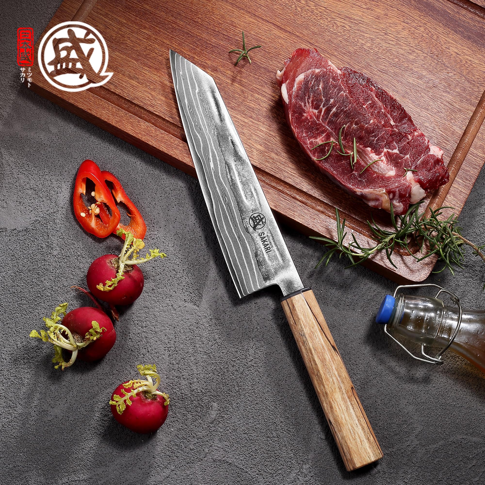 MITSUMOTO SAKARI 20 cm Kiritsuke Coltello da Cucina, 129 Strati di Acciaio in Polvere CPM S35VN Damasco, Coltello da Cucina Giapponese Artigianale, con Impugnatura in Acero