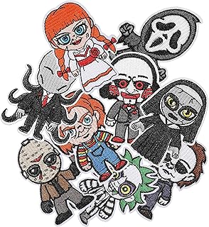 9 Pcs Horror Classic Movie Characters Embroidered Patches Iron on Sew on Patches, Embroidered Patch Applique Repair DIY Halloween Accessories for Clothing, Jackets, Jeans, Dress, Backpack, Hat,
