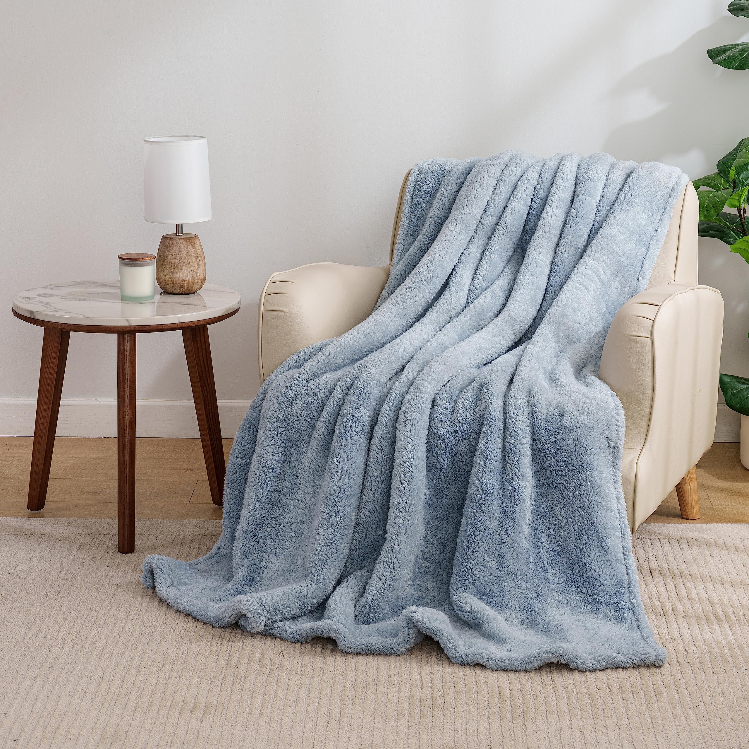 Berkshire Blanket Classic Extra-Fluffyâ„¢ Plush Throw Blanket,Soft Fuzzy Fluffy Long Hair Throw Blanket for Couch Sofa Bed,Blue Mist,50x60 Inches