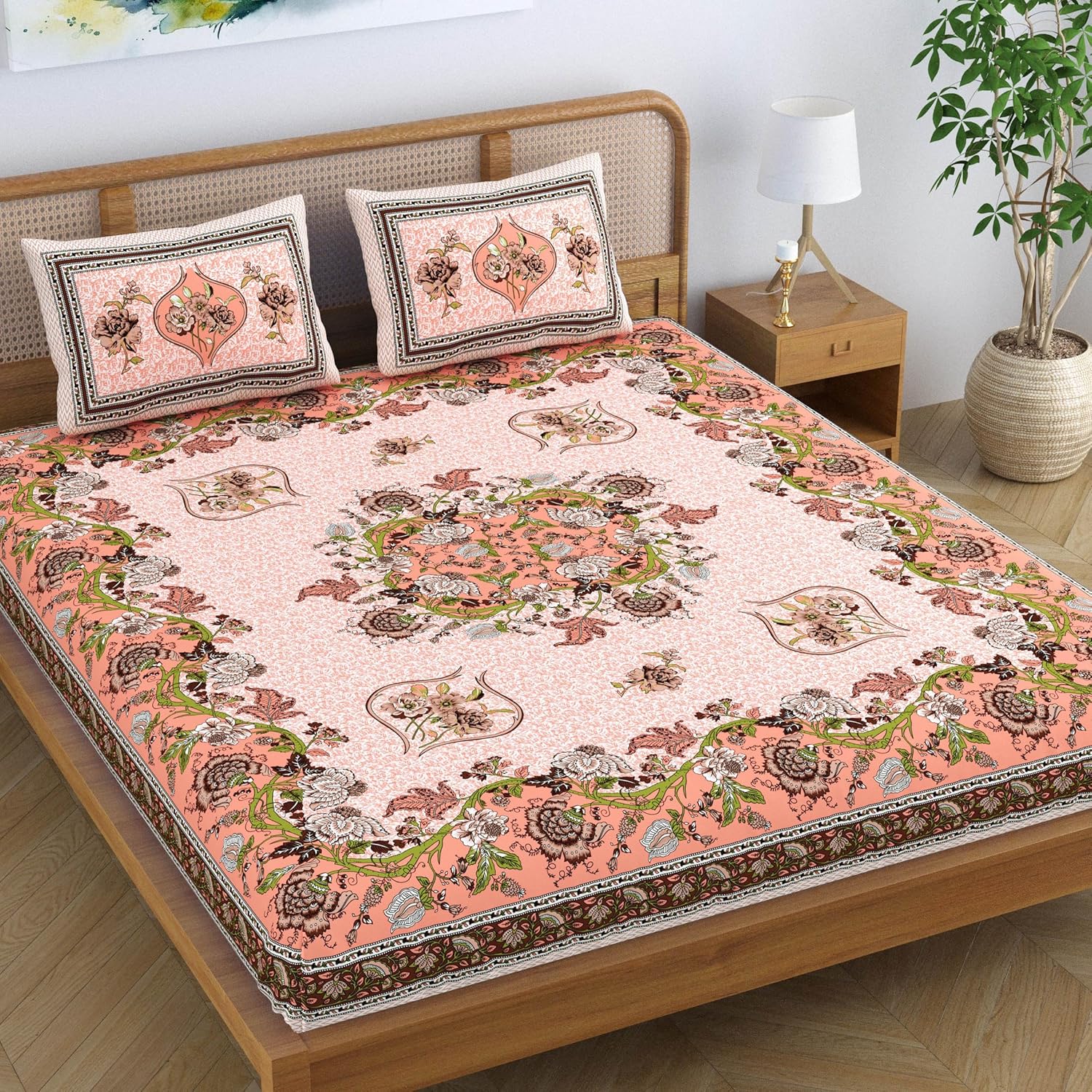 SheetKart Pure Cotton Jaipuri Floral Traditional Rajasthani Printed King Size Double Bedsheet with 2 Pillow Covers – Peach Pink
