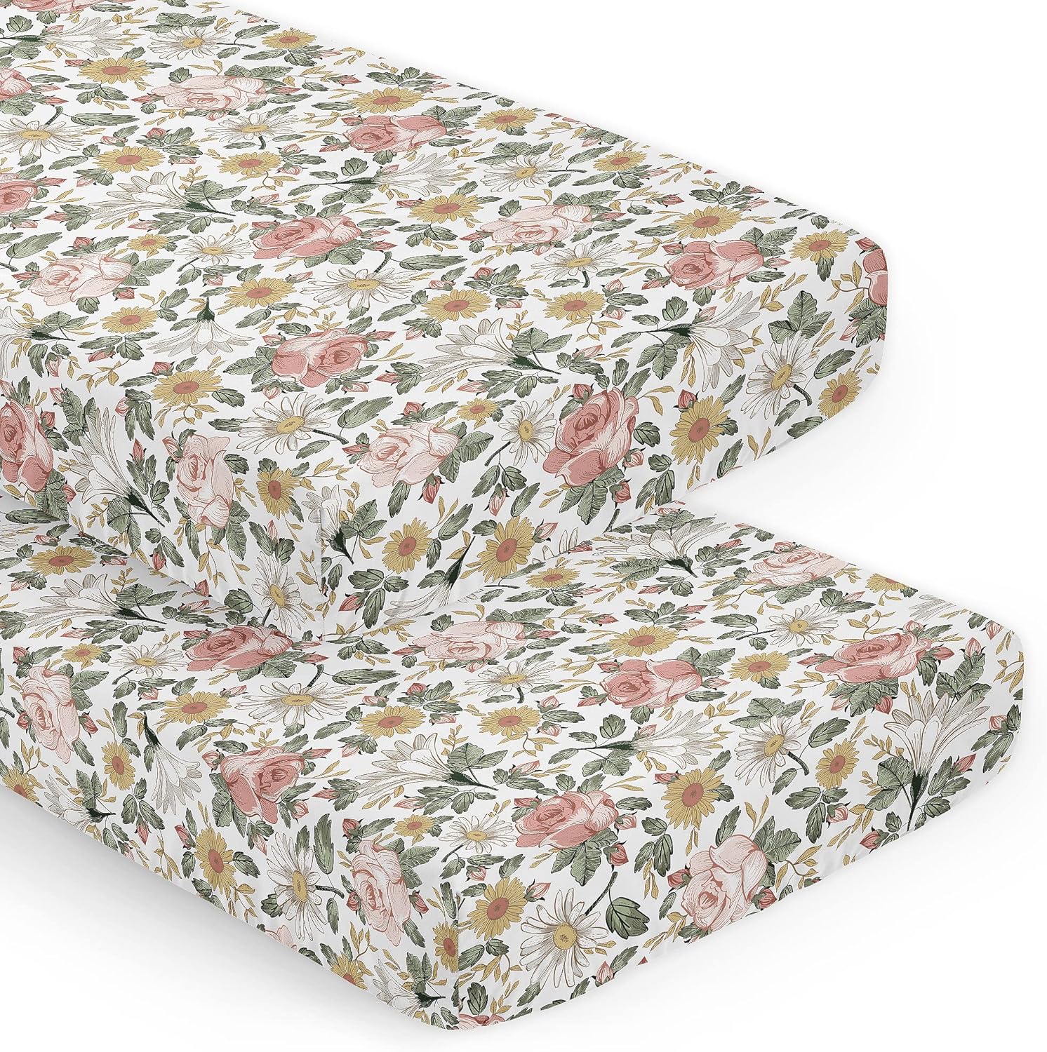 Sweet Jojo Designs 2-Piece Baby Crib Sheets Set (Boho Vintage Floral) for Girls, Infant Nursery, Toddler Room - Fitted, Standard Size (Shabby Chic, Rose, Daisy, Bohemian, Farmhouse, Wildflower, Pink)