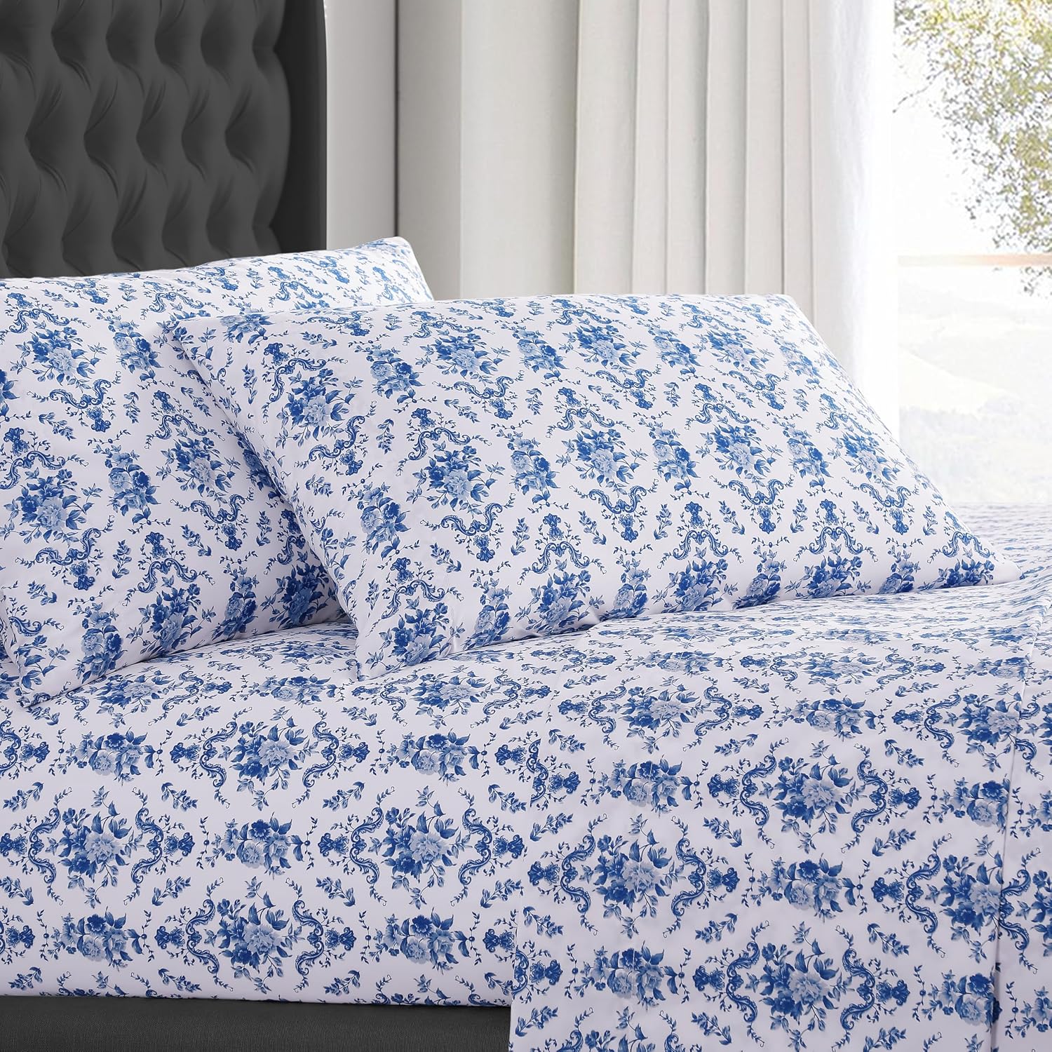 ELLE Decor Printed 4-Piece Microfiber Bed Sheet Set, 12-inch Deep Pocket, Queen, Floral Flourish