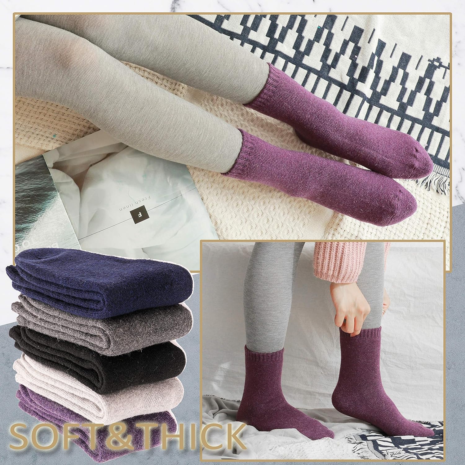 EBMORE 5 Pairs Women Merino Wool Boot Socks Warm Thermal Winter Thick Hiking Cozy Cabin Crew Comfy Socks for Ladies - Image 3