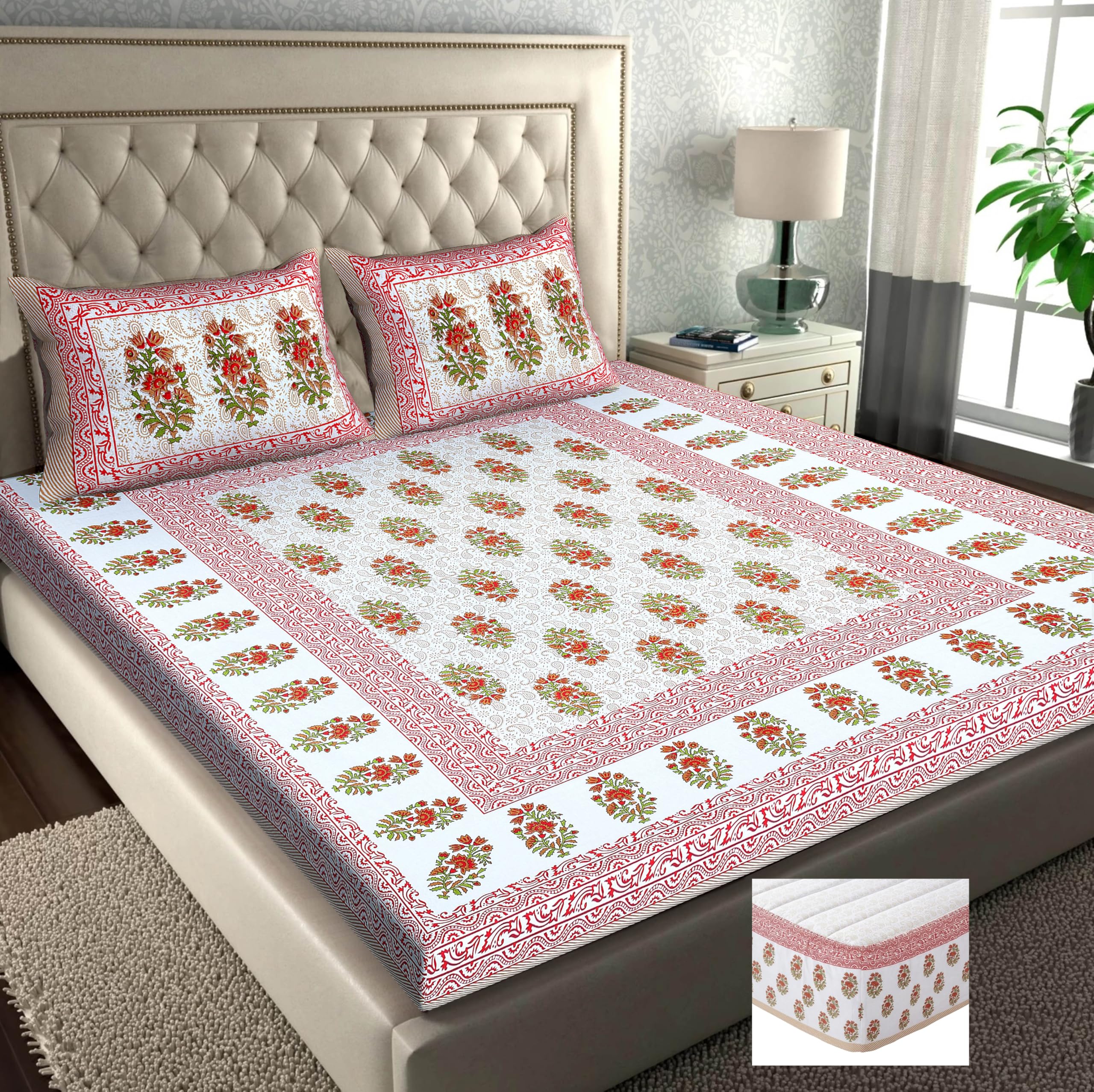RajasthaniKart® Pure Cotton 144 TC Printed Double/Queen Bed Elastic Fitted Bedsheet with 2 Pillow Covers - All Around Elastic | 60"x78", Fits Up to 8" Mattress | Jaipuri Print, 5293