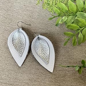 Layered Leather Leaf Earrings for Women (Silver Metallic on White)