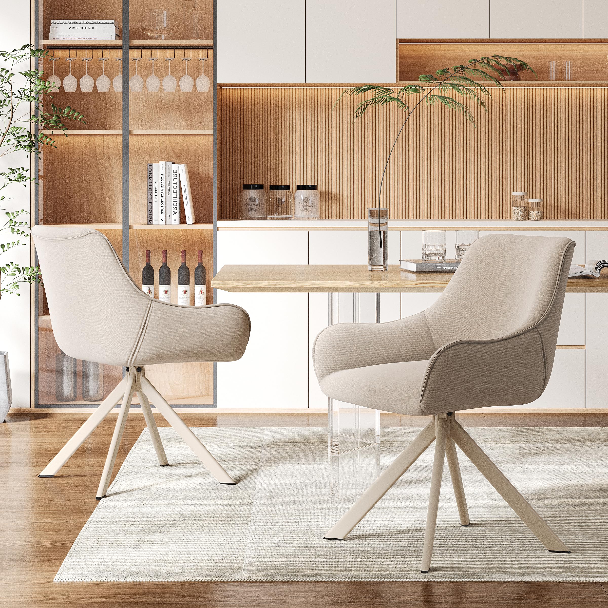 Lot de 6 chaises de salle à manger pivotantes 360° en lin beige avec accoudoirs et structure métal